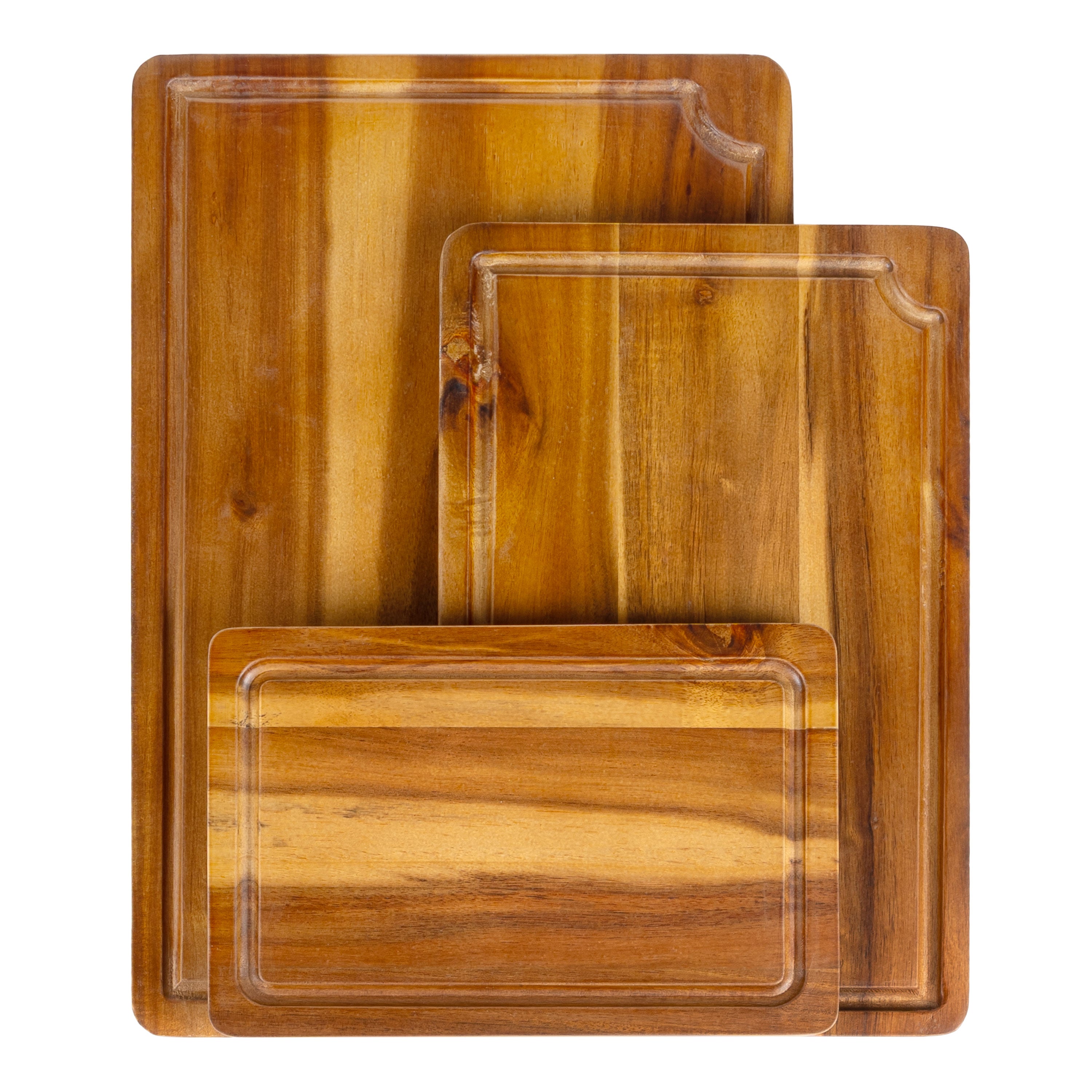 Hespera Handcrafted Acacia Wood Reversible Cutting Board with Juice Grooves and Built-In Handle, Set of 3