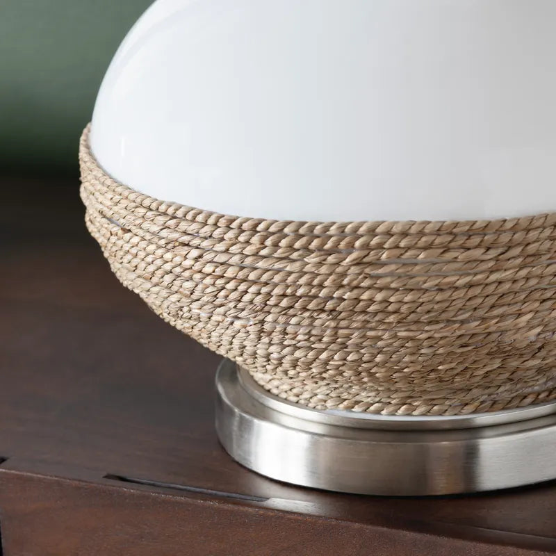 White Ceramic and Rattan Table Lamp with Rattan Shade