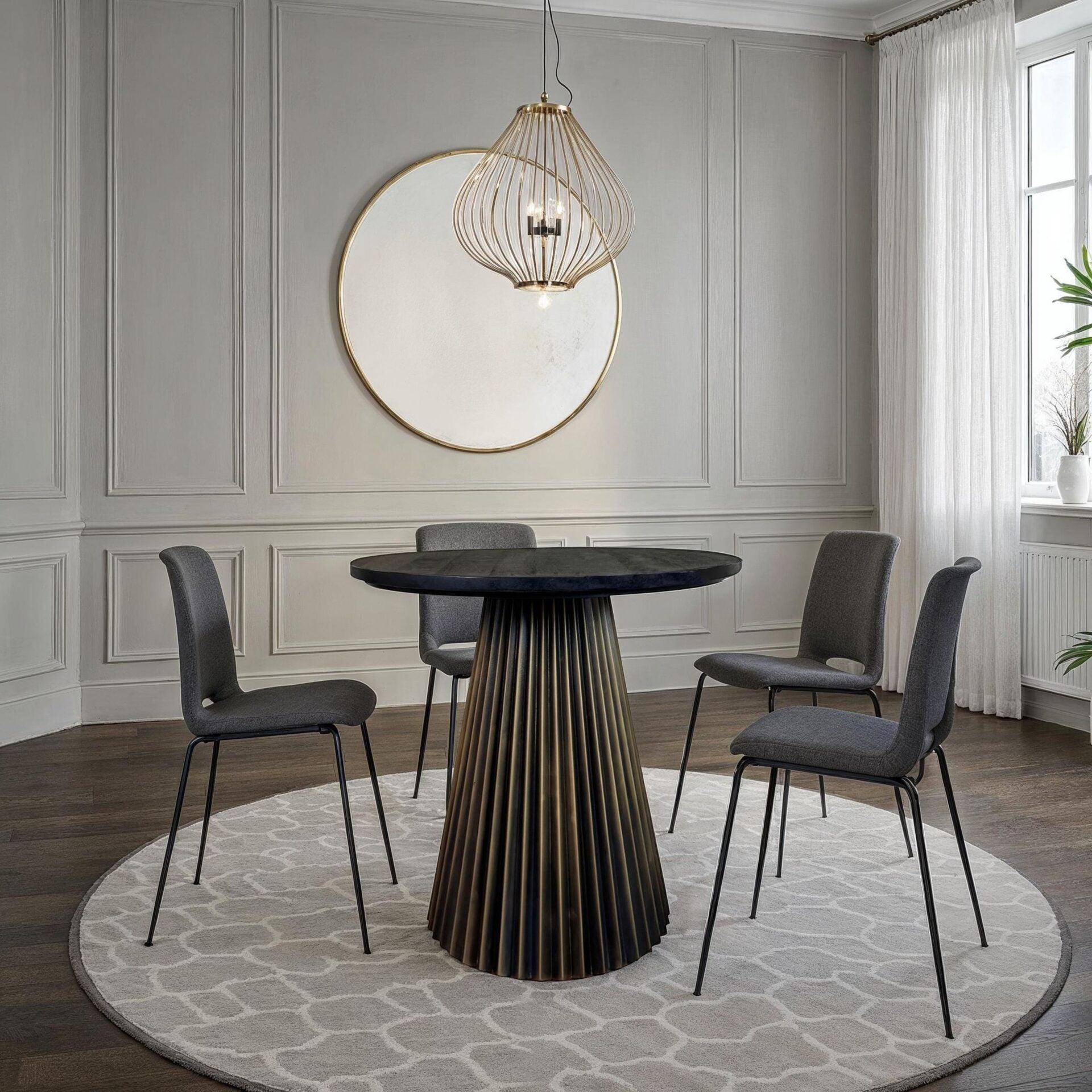 Harmony Groove Round Mango Wood Dining Table Black Honed Top with Brass Base