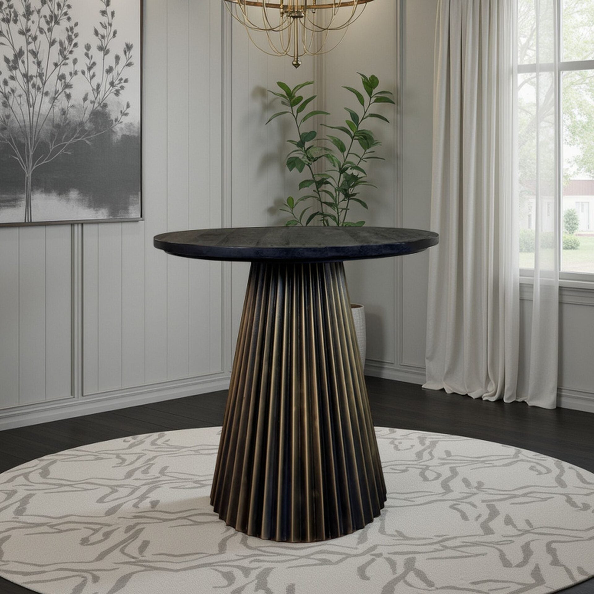 Harmony Groove Round Mango Wood Dining Table Black Honed Top with Brass Base