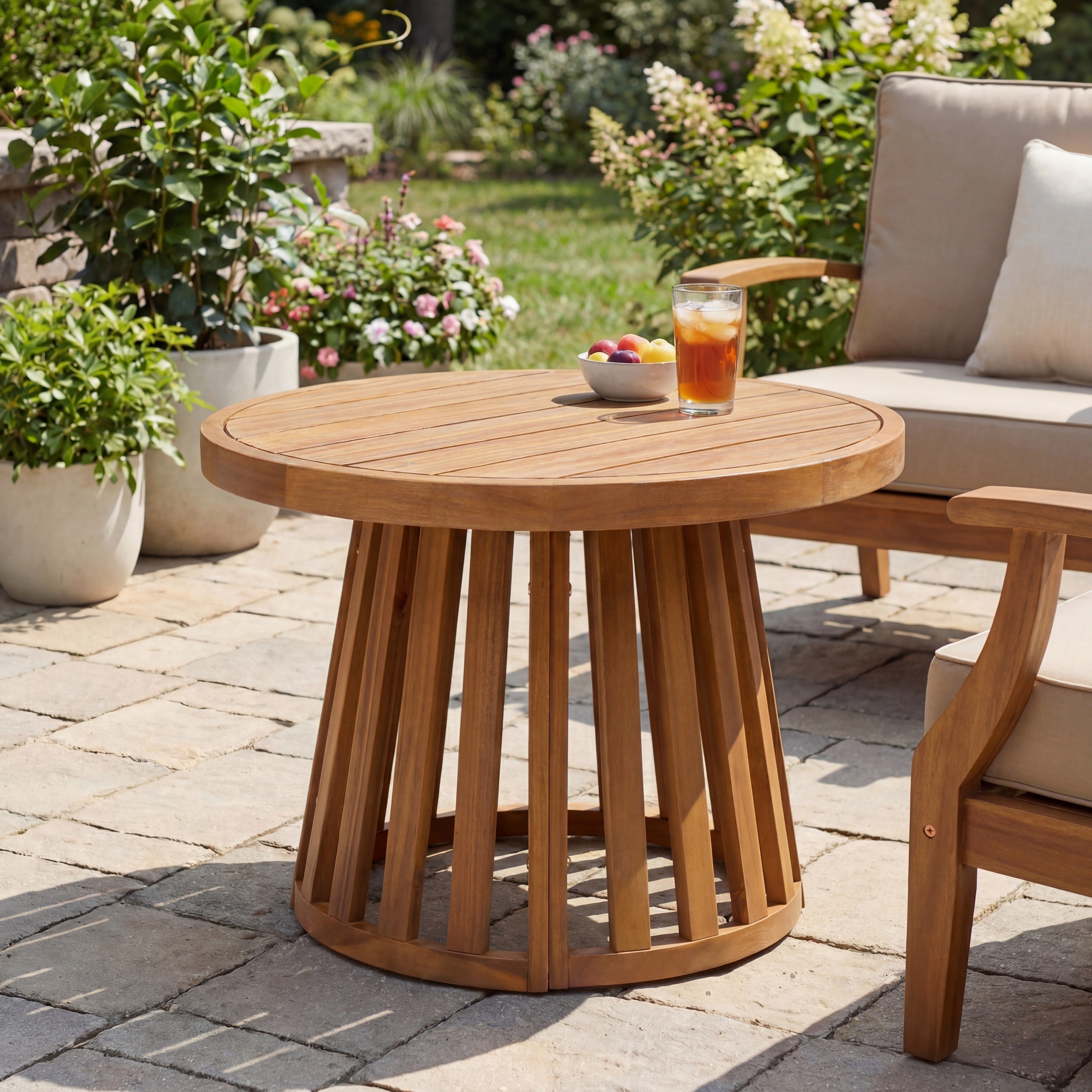 Solanya 27.5" Modern Coastal Acacia Wood Outdoor Pedestal Base Round Coffee Table