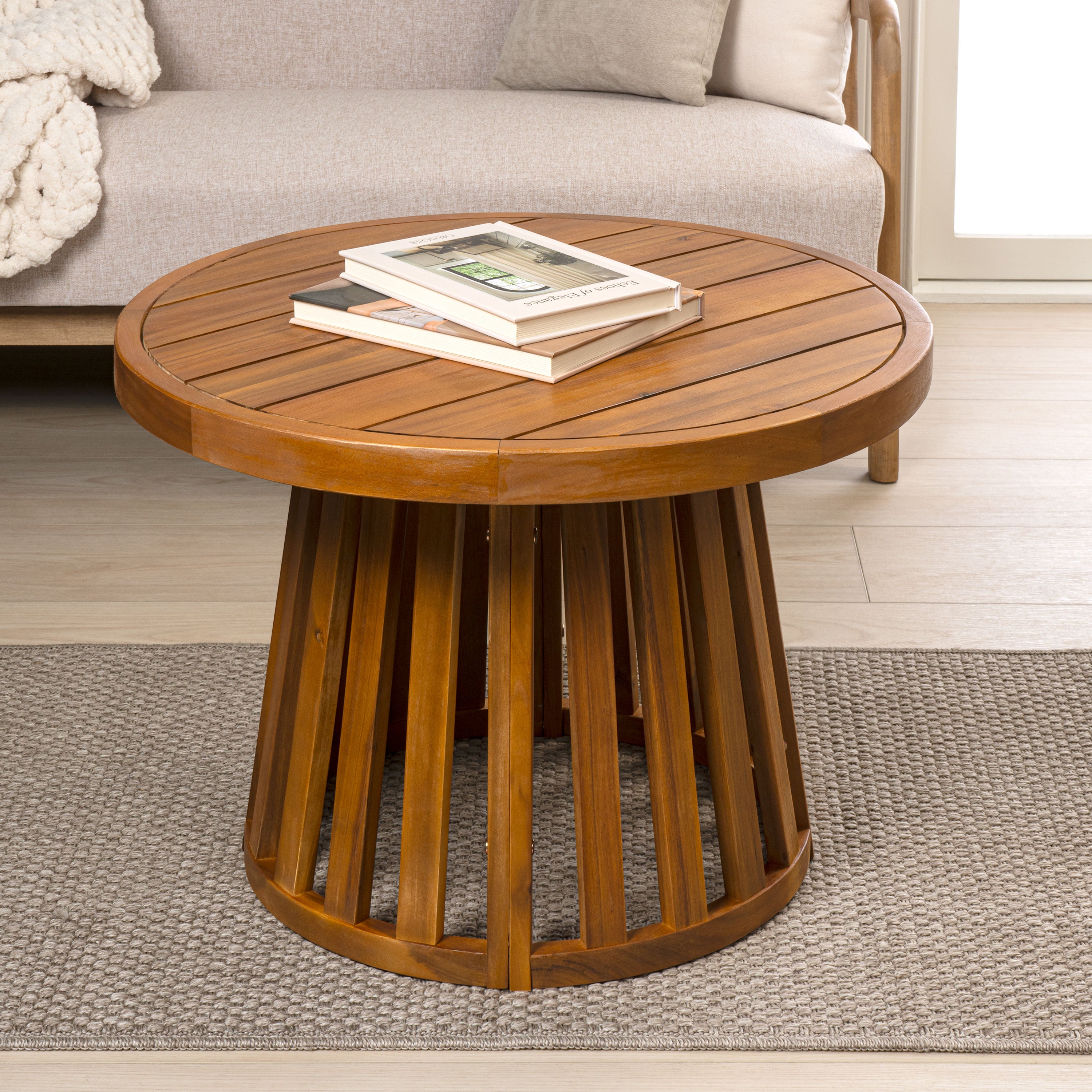 Solanya 27.5" Modern Coastal Acacia Wood Outdoor Pedestal Base Round Coffee Table