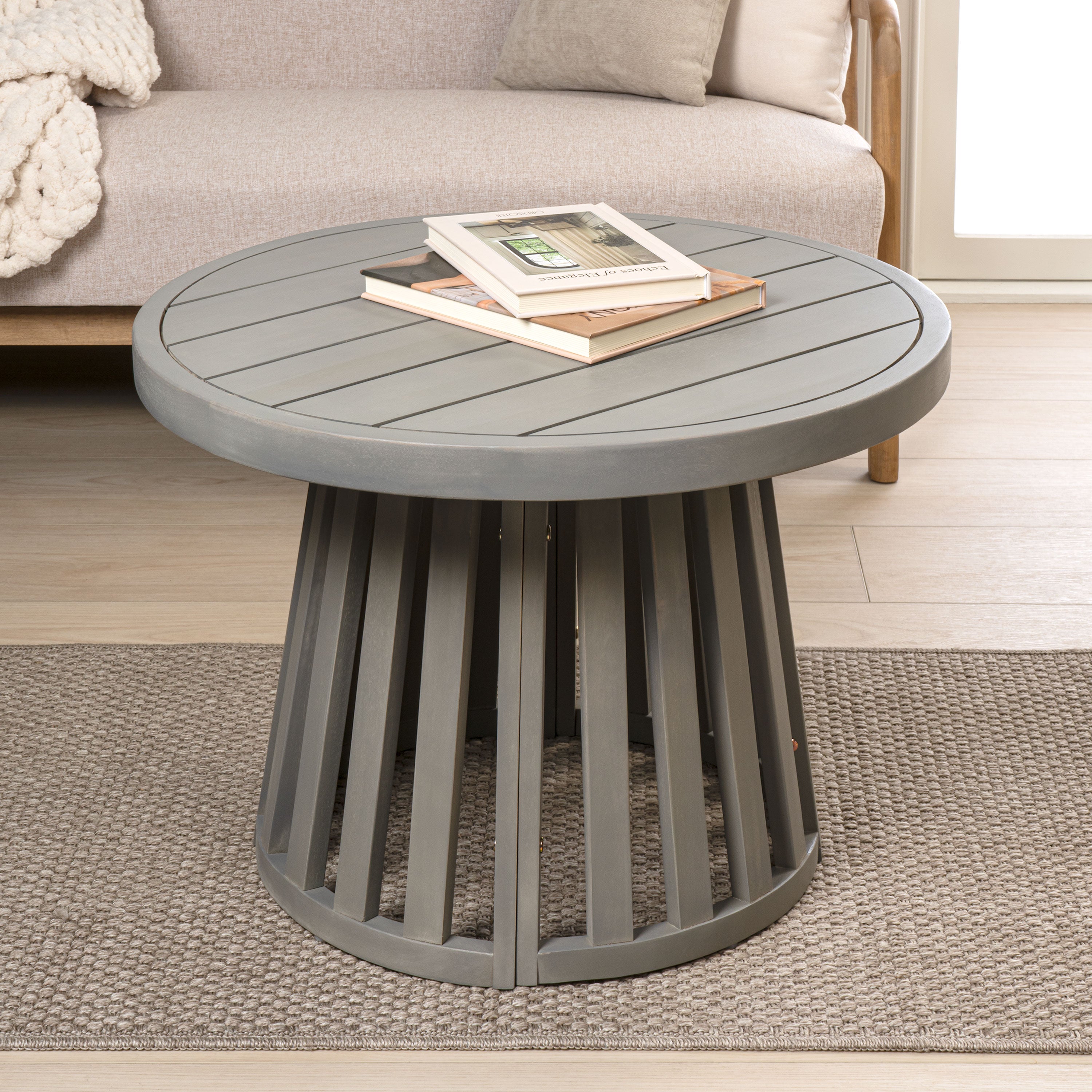 Solanya 27.5" Modern Coastal Acacia Wood Outdoor Pedestal Base Round Coffee Table
