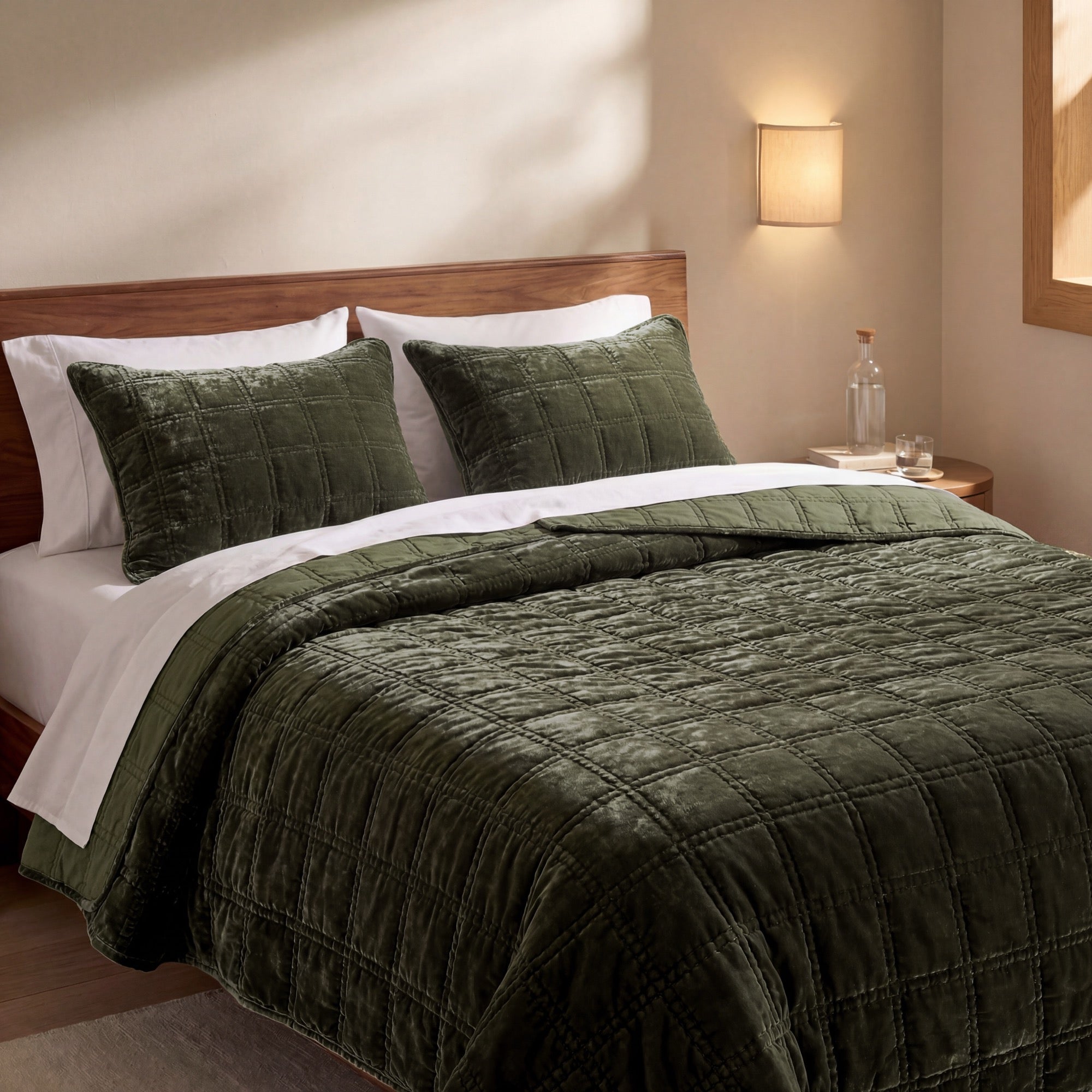 Stella Faux Silk Velvet Double Box Stitch Quilt Set