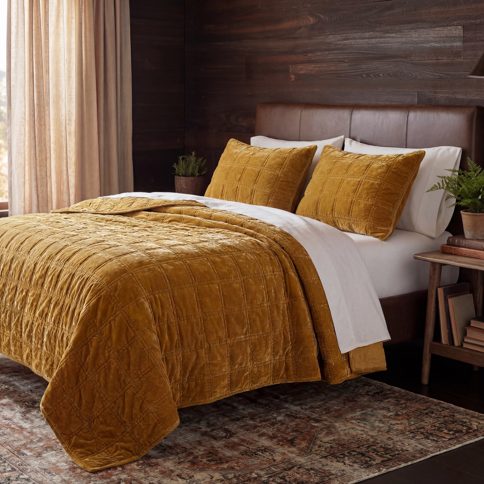 Stella Faux Silk Velvet Double Box Stitch Quilt Set