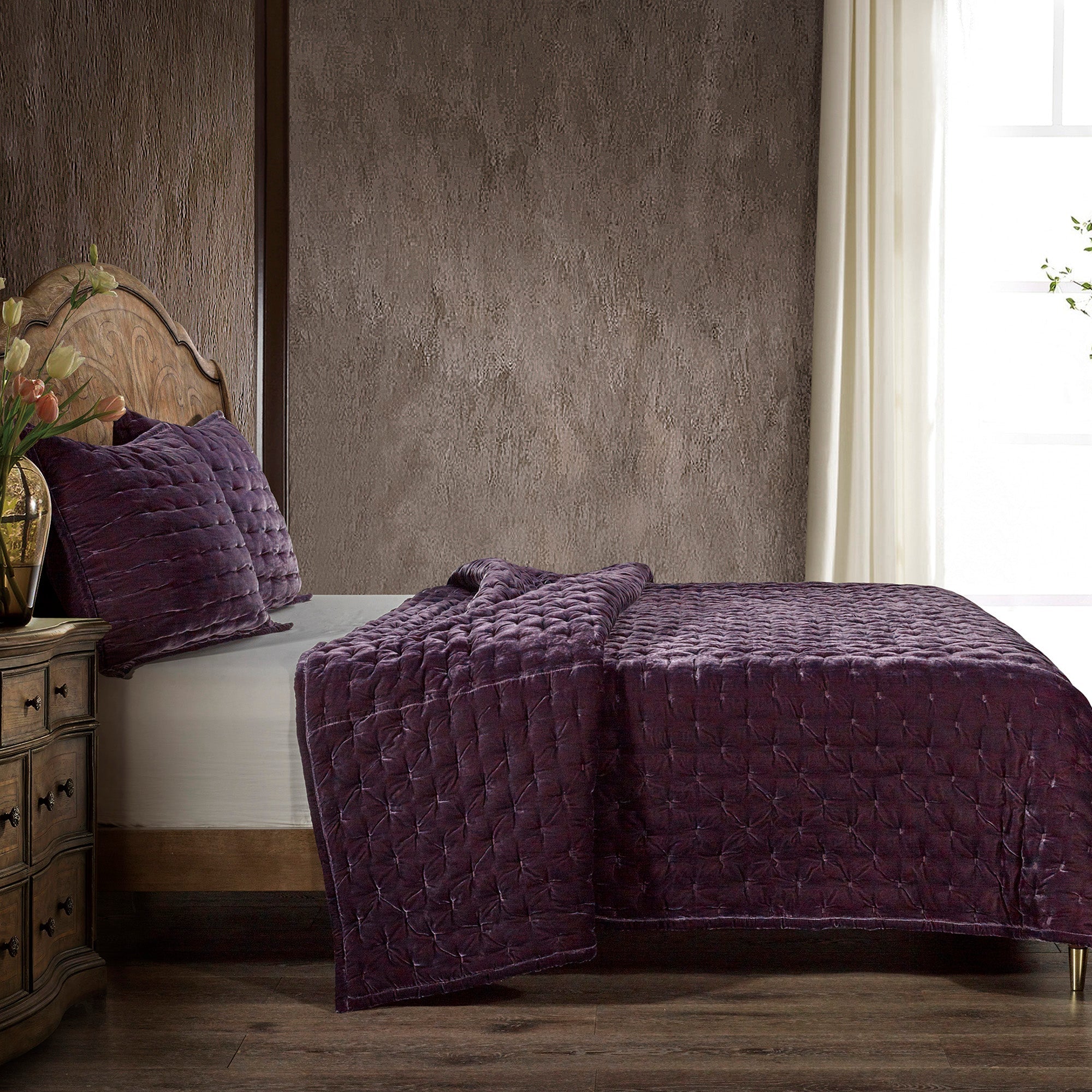 Stella Faux Silk Velvet Pintuck Quilt Set