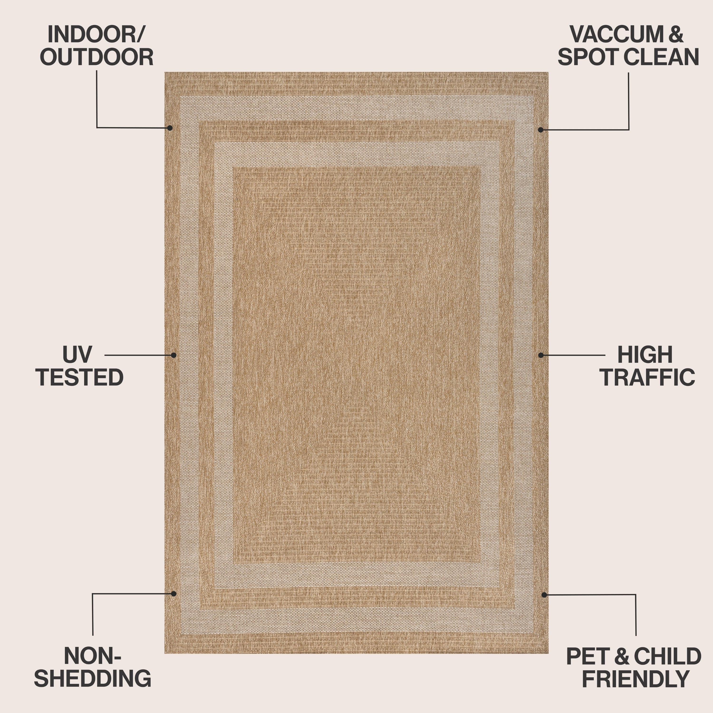 Frenzy Easy Jute Minimalist Boho Inset Border Indoor/Outdoor Area Rug