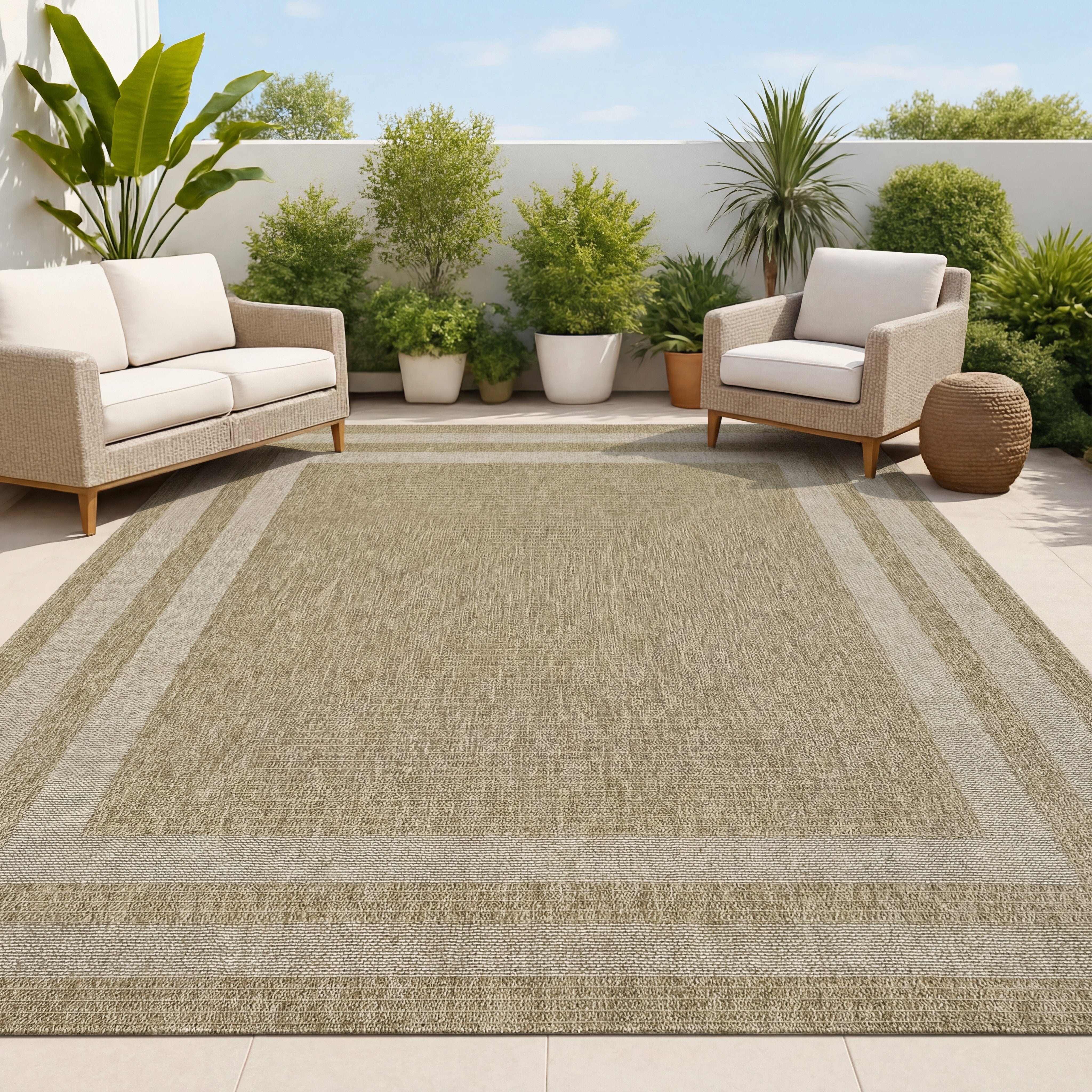 Frenzy Easy Jute Minimalist Boho Inset Border Indoor/Outdoor Area Rug