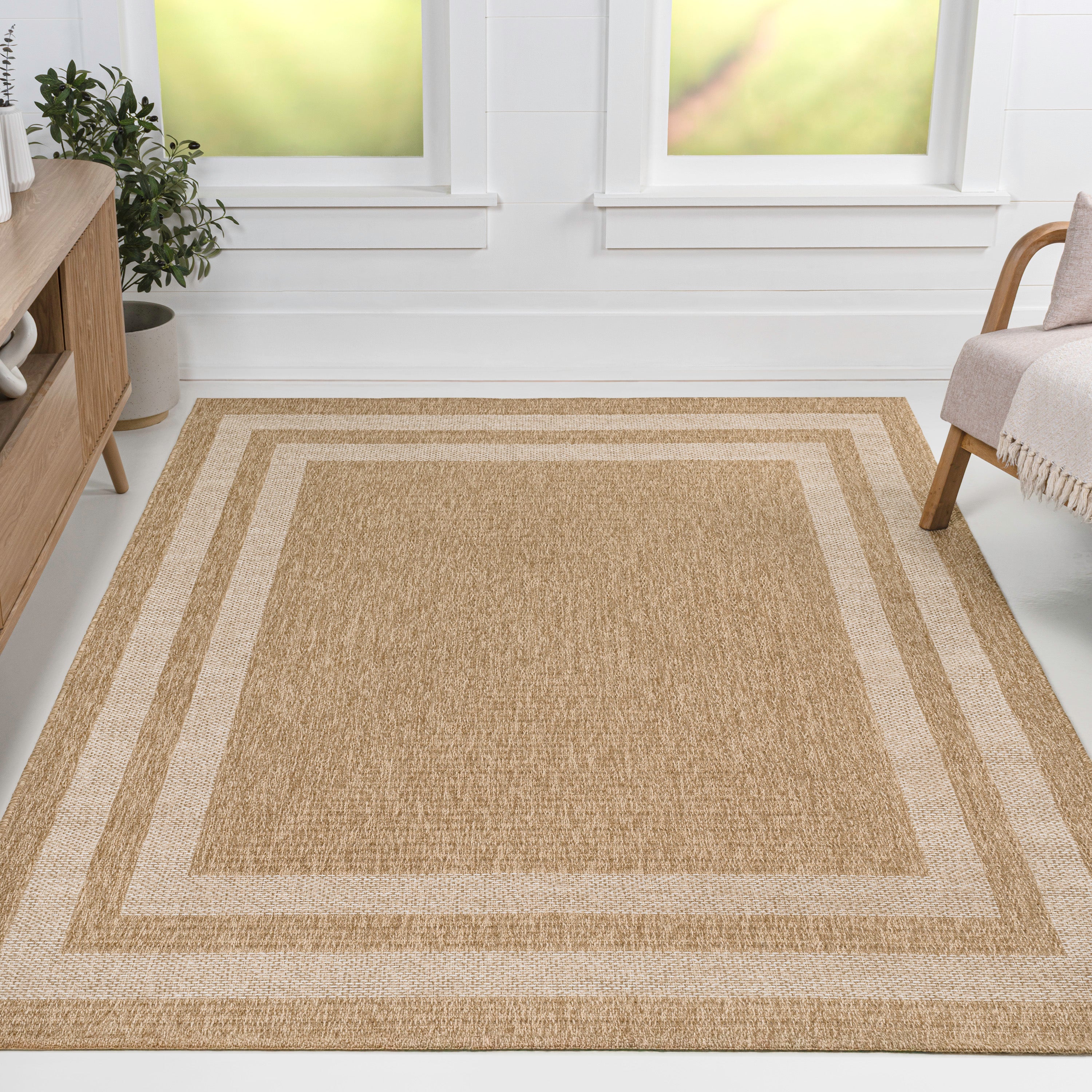Frenzy Easy Jute Minimalist Boho Inset Border Indoor/Outdoor Area Rug