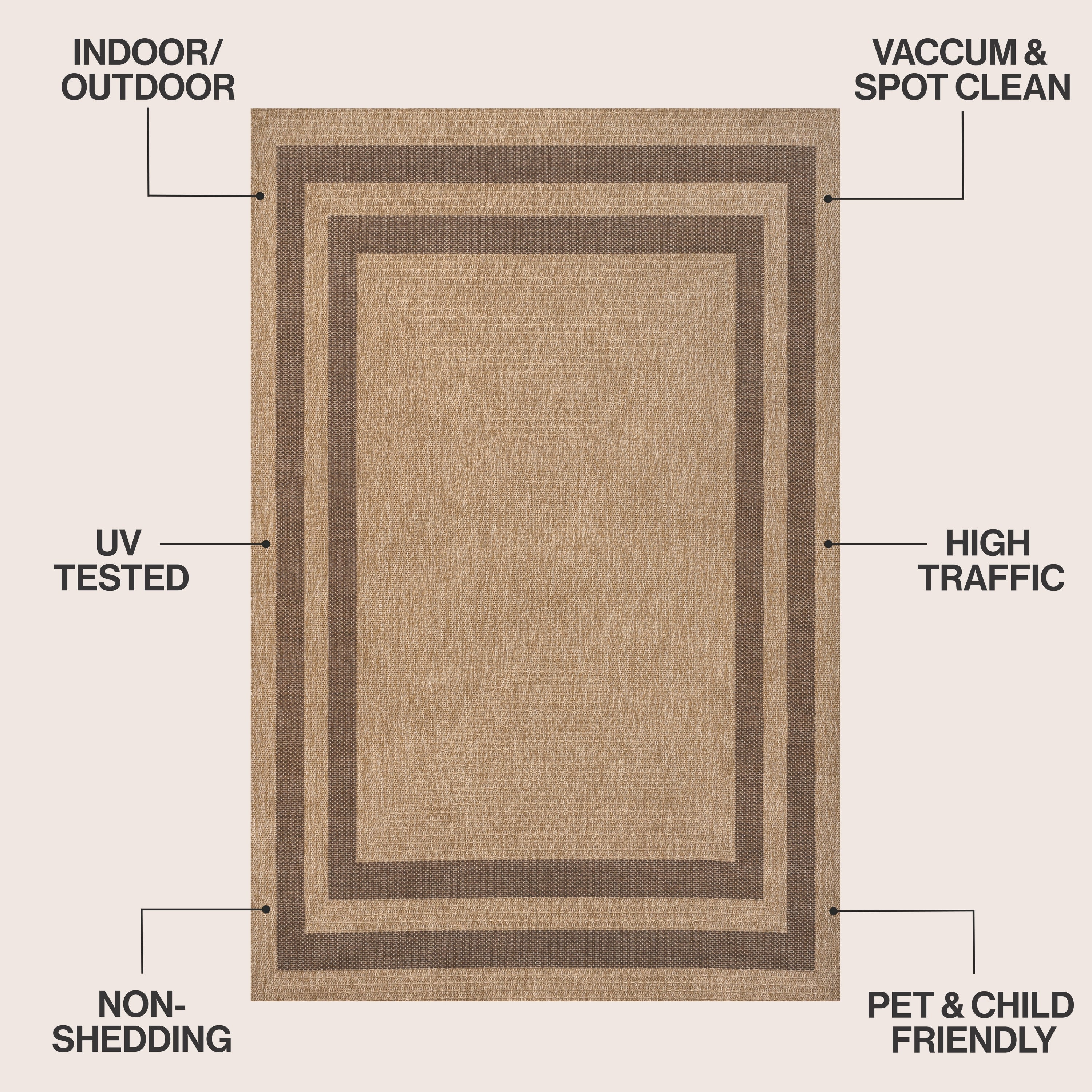 Frenzy Easy Jute Minimalist Boho Inset Border Indoor/Outdoor Area Rug