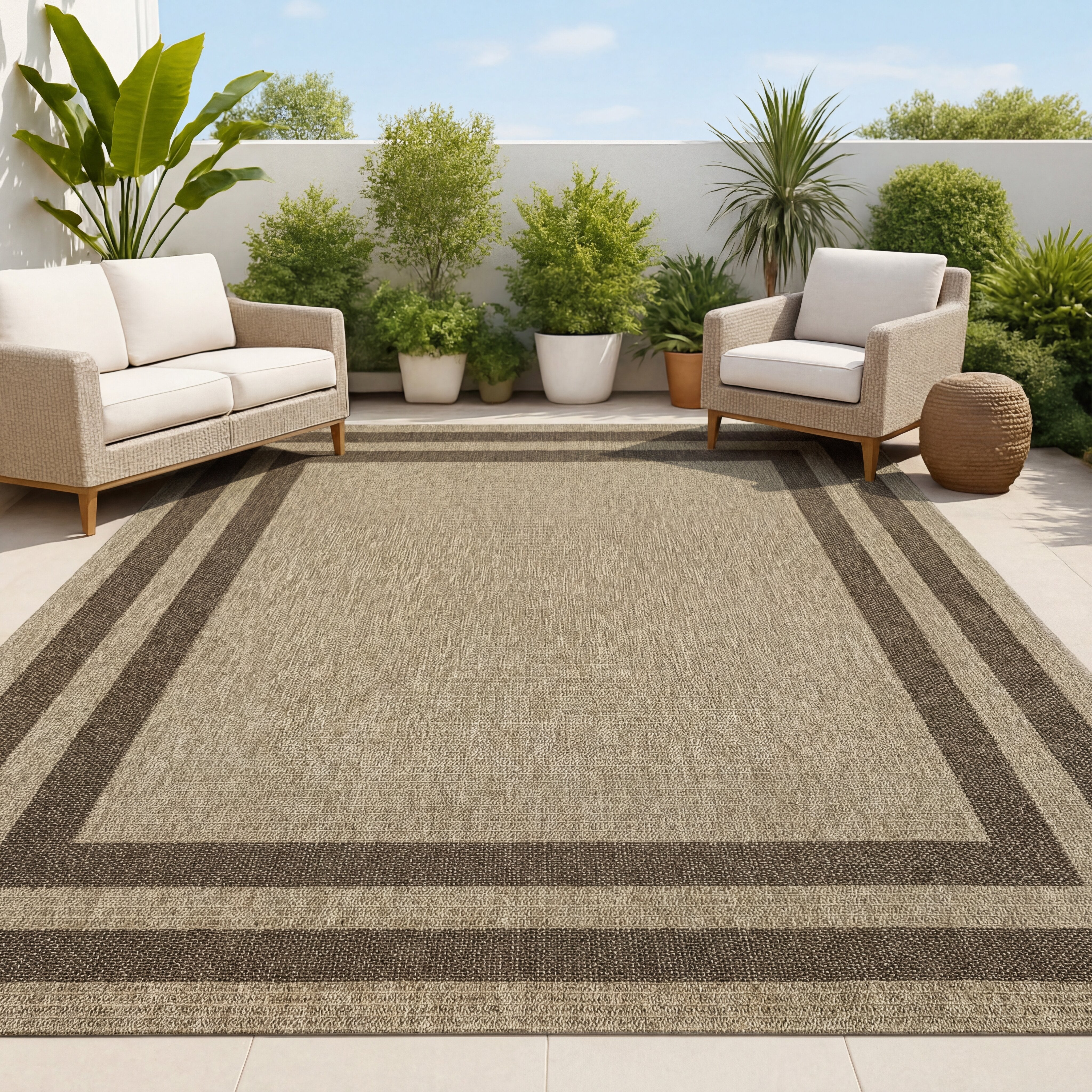 Frenzy Easy Jute Minimalist Boho Inset Border Indoor/Outdoor Area Rug