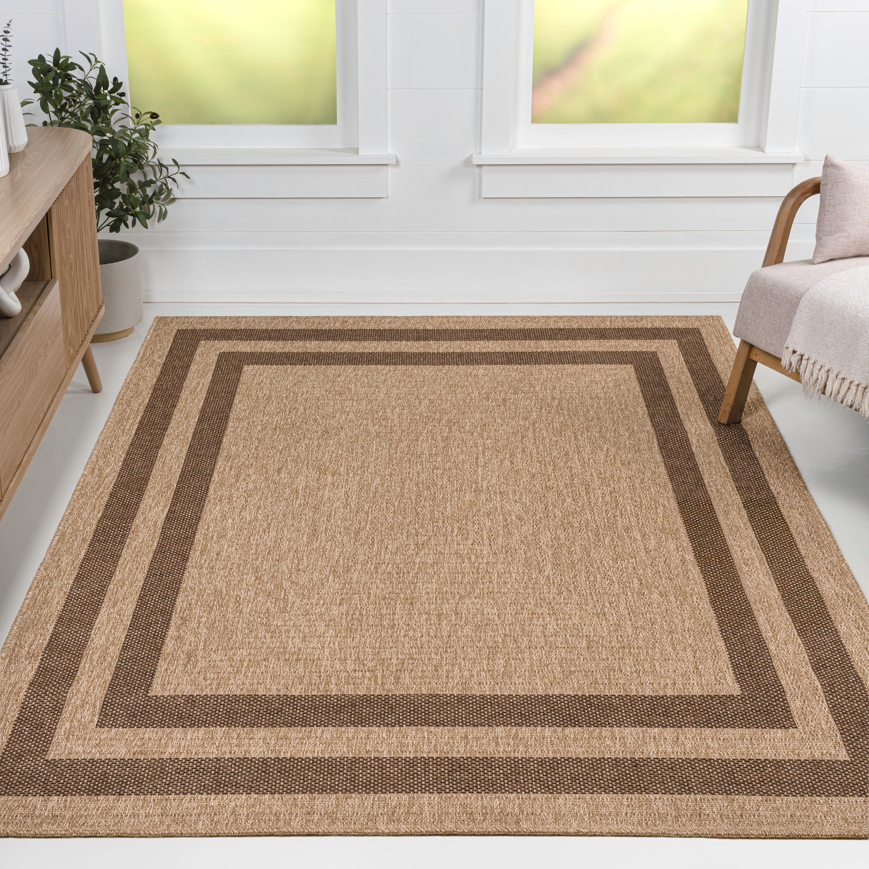Frenzy Easy Jute Minimalist Boho Inset Border Indoor/Outdoor Area Rug
