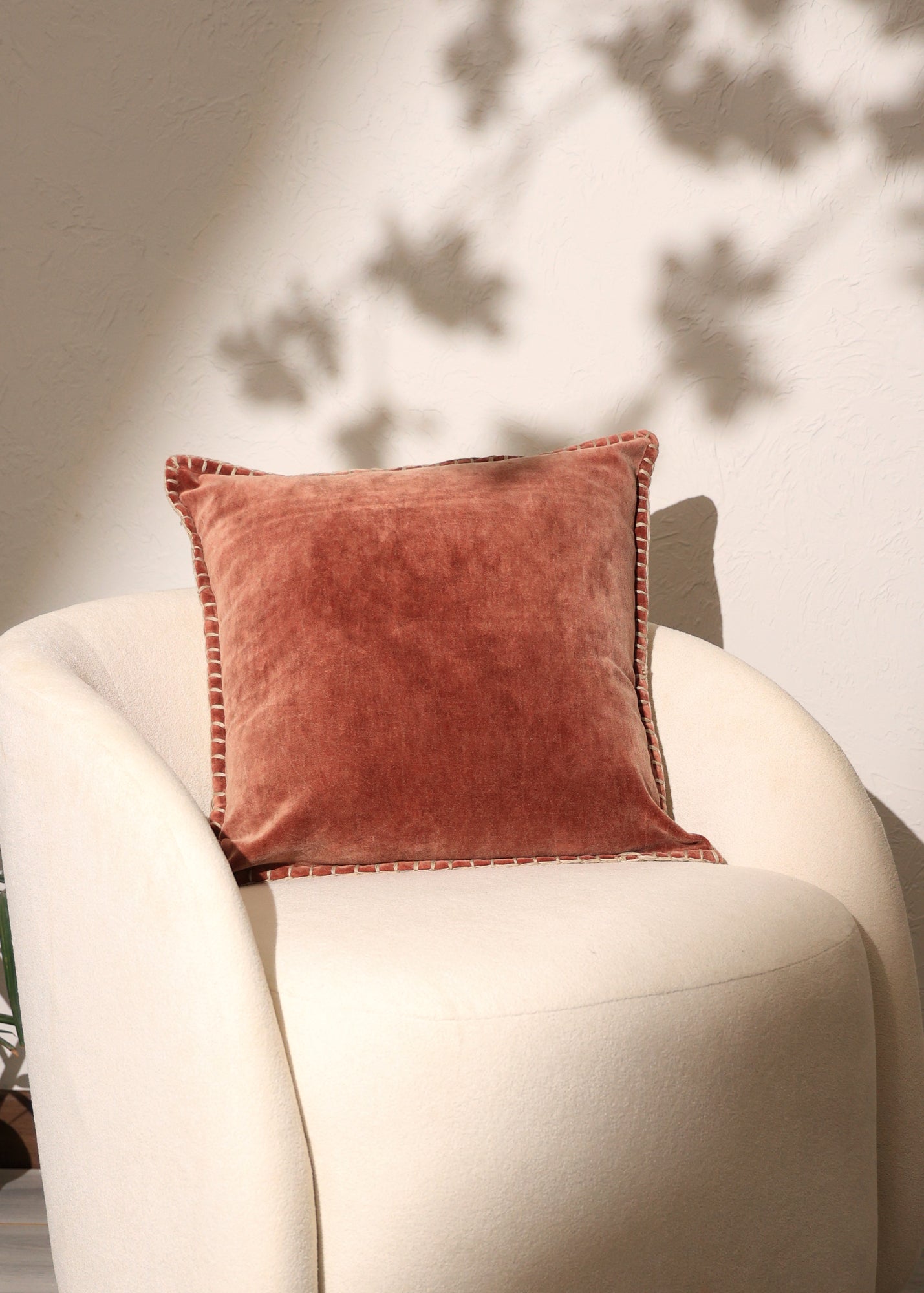 Stonewashed Cotton Velvet Throw Pillow with Decorative Handstiched Edges