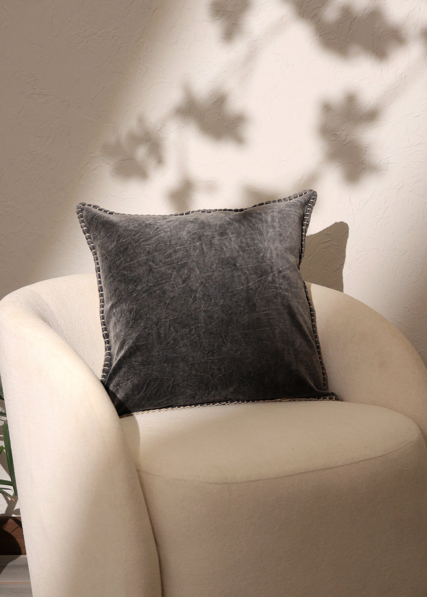 Stonewashed Cotton Velvet Throw Pillow with Decorative Handstiched Edges