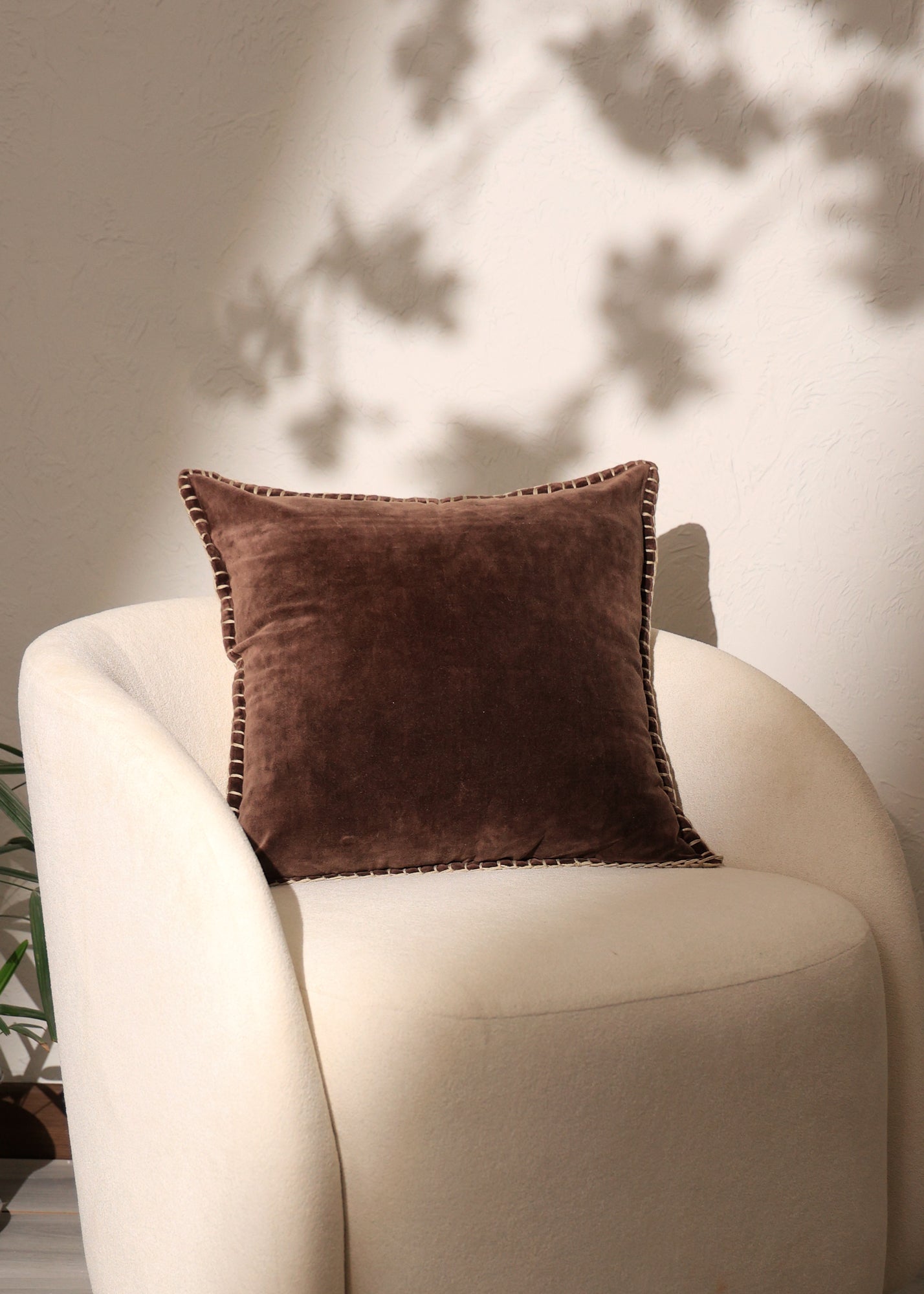 Stonewashed Cotton Velvet Throw Pillow with Decorative Handstiched Edges