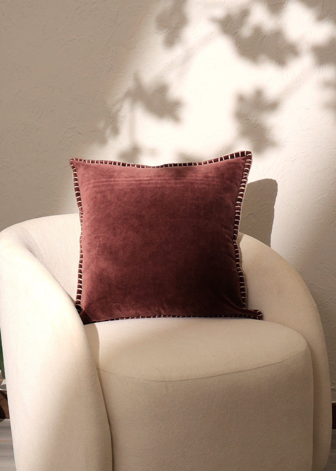 Stonewashed Cotton Velvet Throw Pillow with Decorative Handstiched Edges