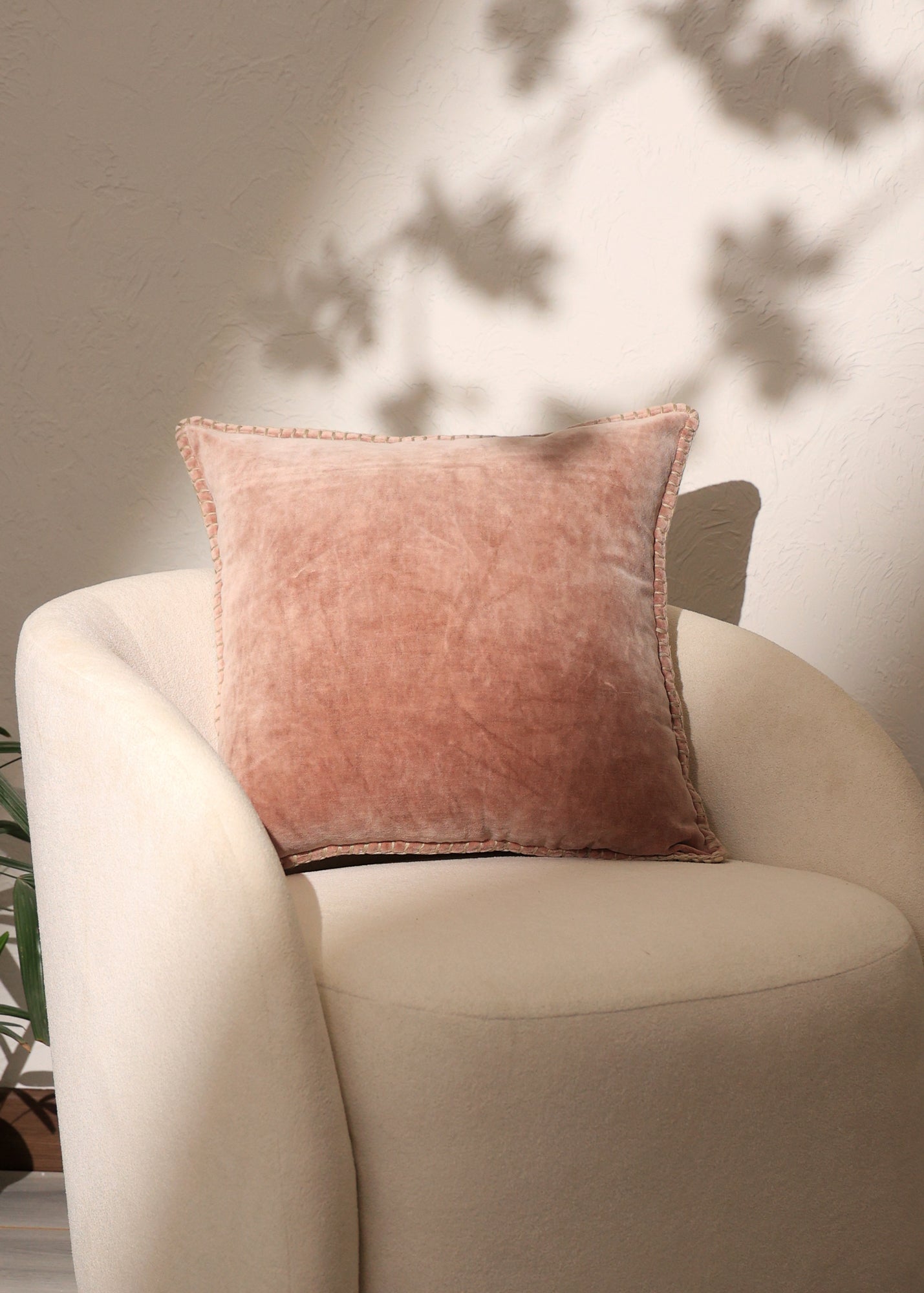 Stonewashed Cotton Velvet Throw Pillow with Decorative Handstiched Edges