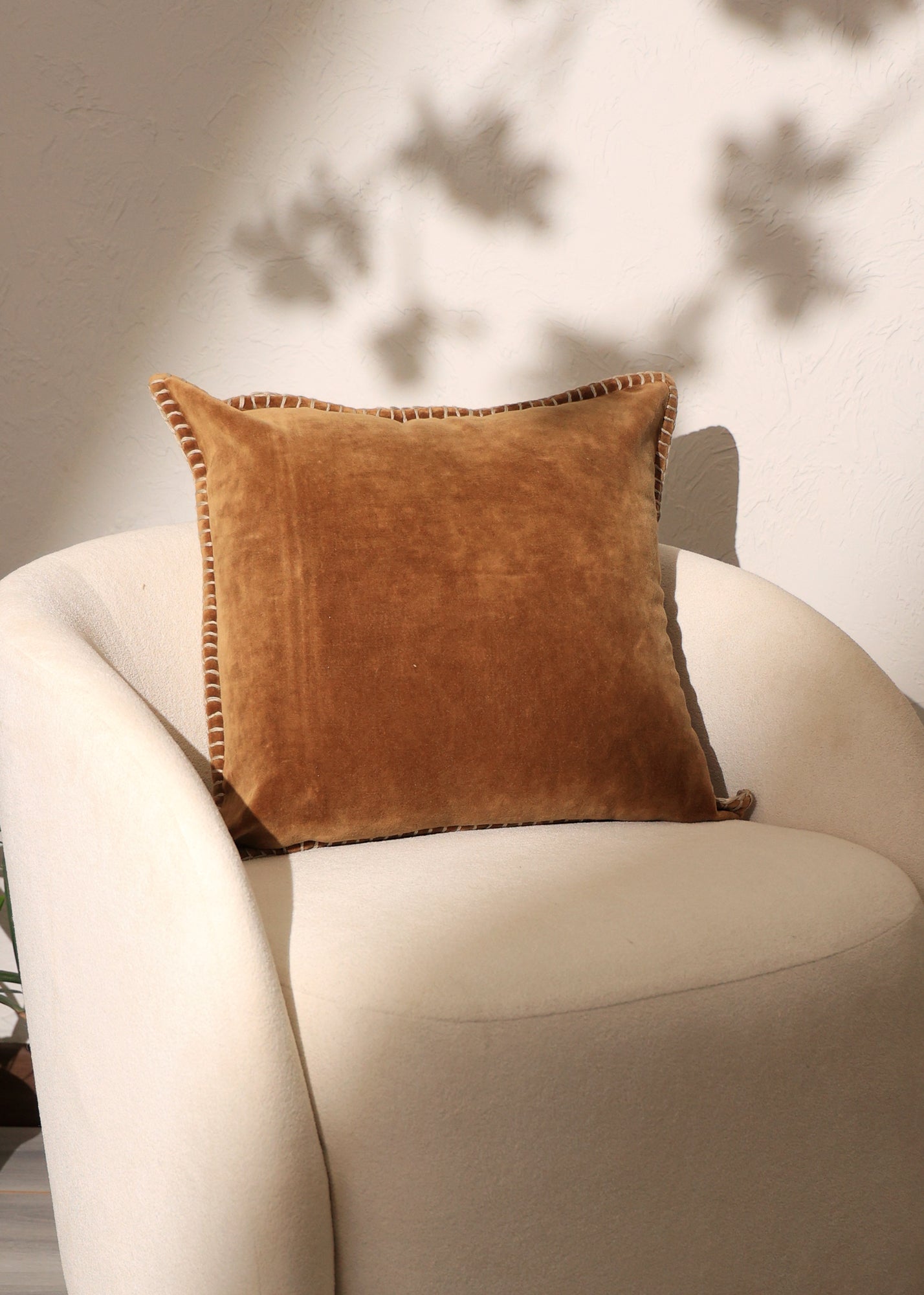 Stonewashed Cotton Velvet Throw Pillow with Decorative Handstiched Edges