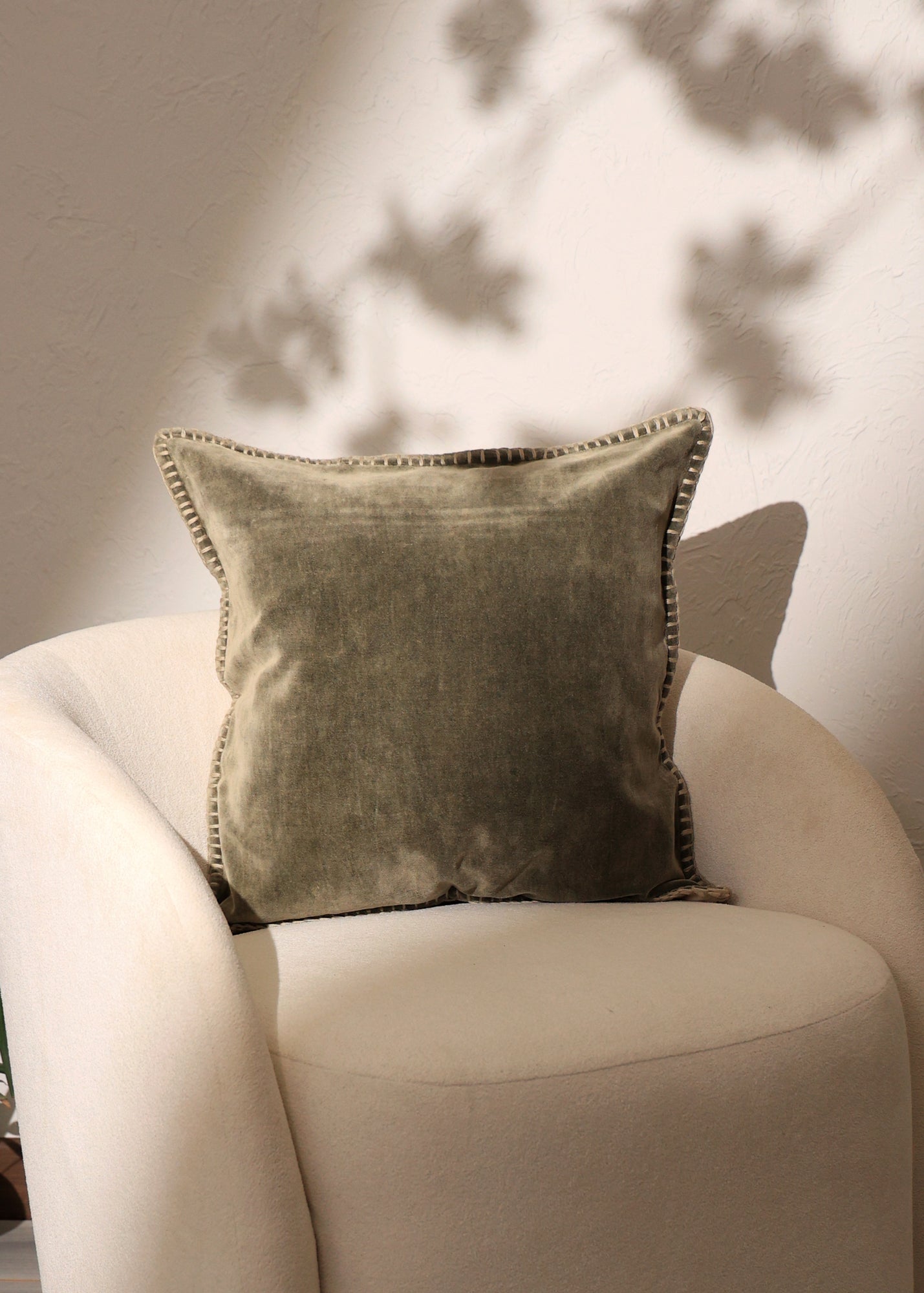 Stonewashed Cotton Velvet Throw Pillow with Decorative Handstiched Edges