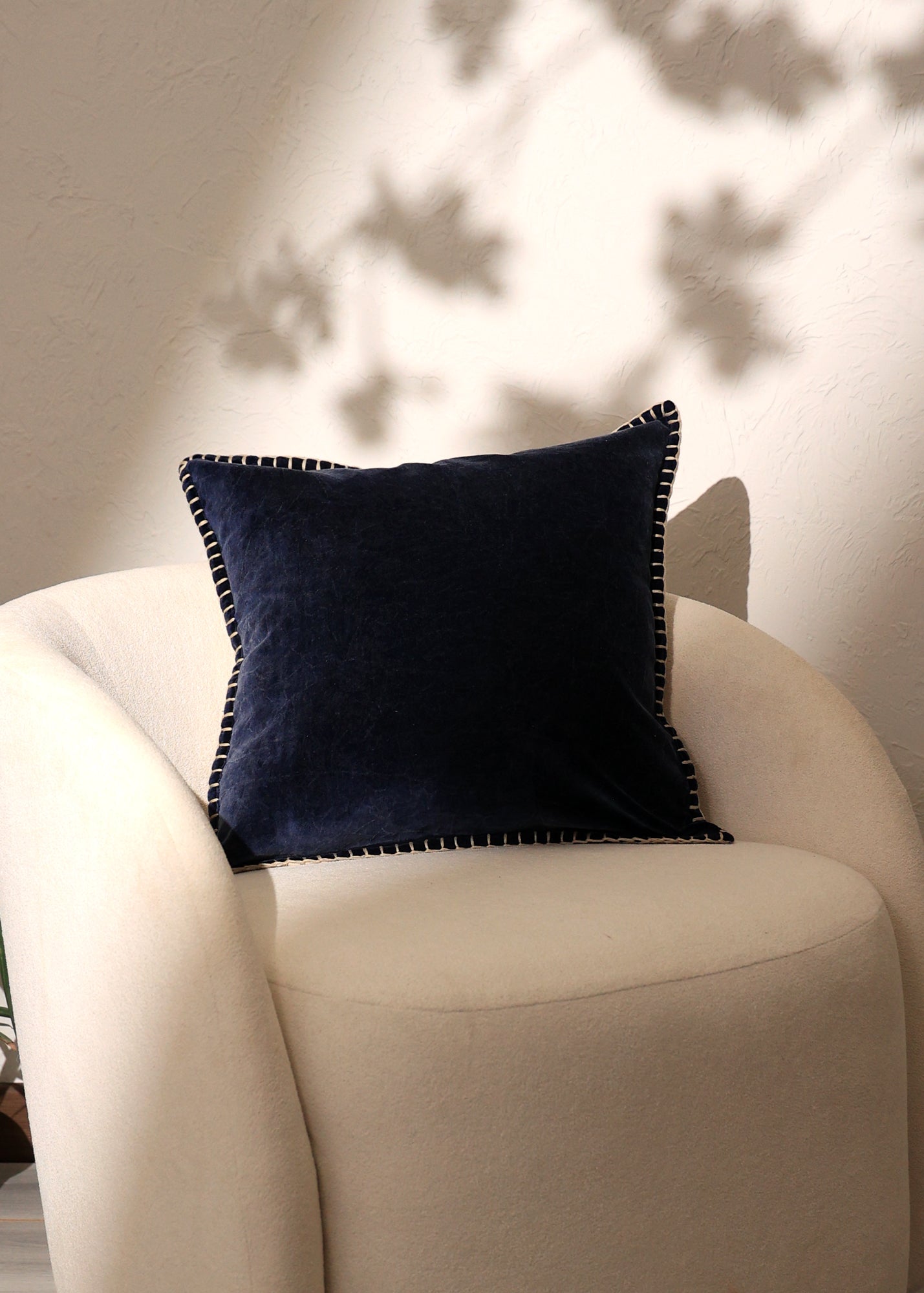 Stonewashed Cotton Velvet Throw Pillow with Decorative Handstiched Edges