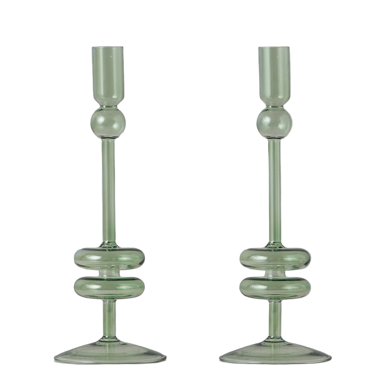 Sage Glass Candlestick, Pair