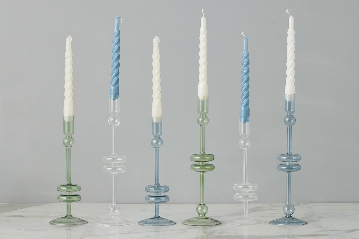 Sage Glass Candlestick, Pair