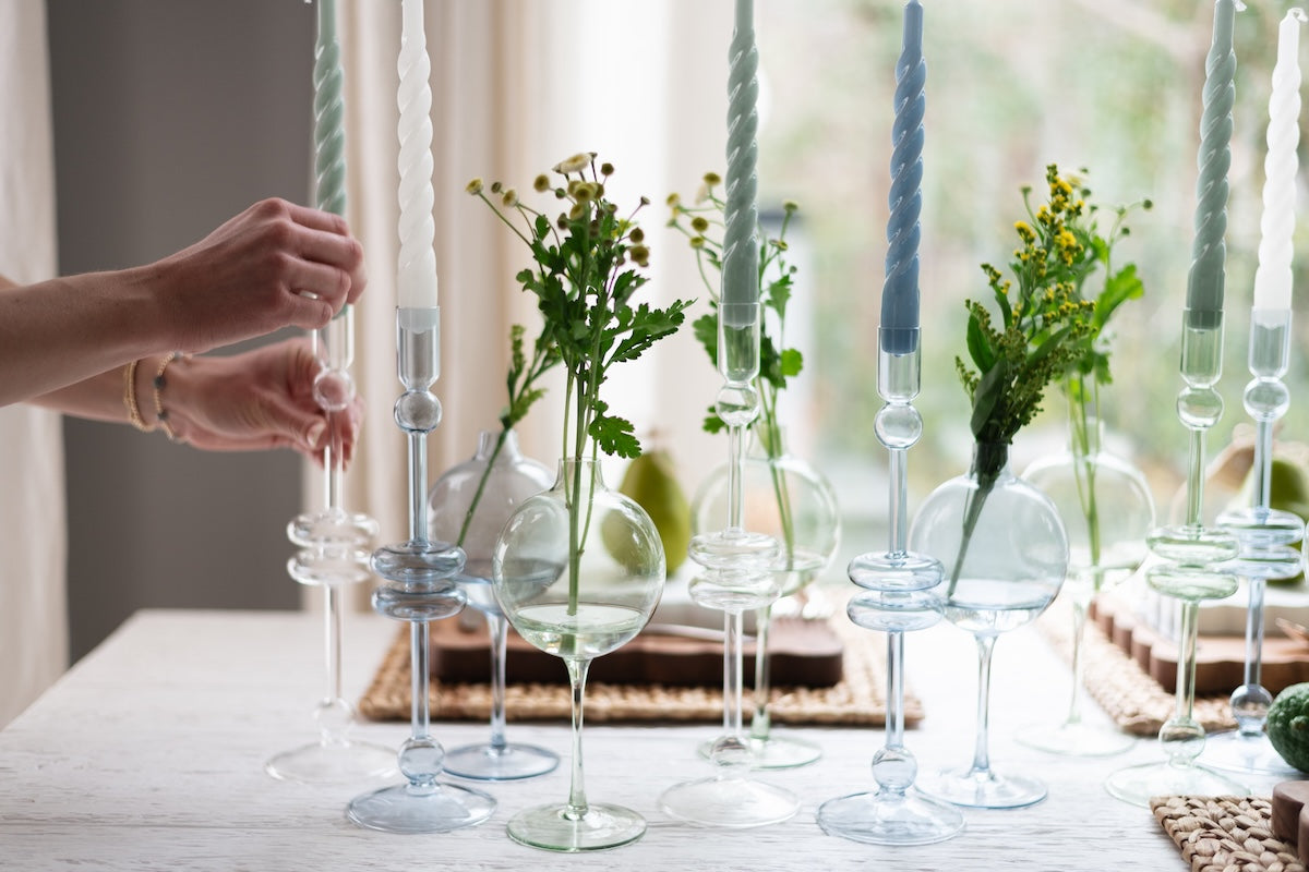 Denim Glass Candlestick, Pair
