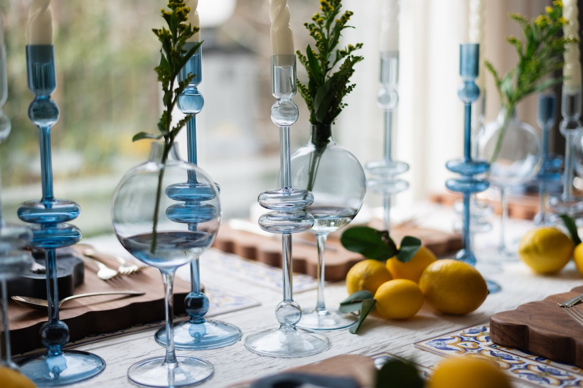 Denim Glass Candlestick, Pair
