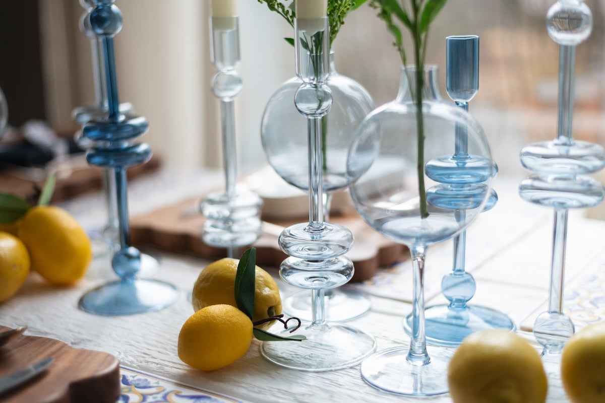 Denim Glass Candlestick, Pair