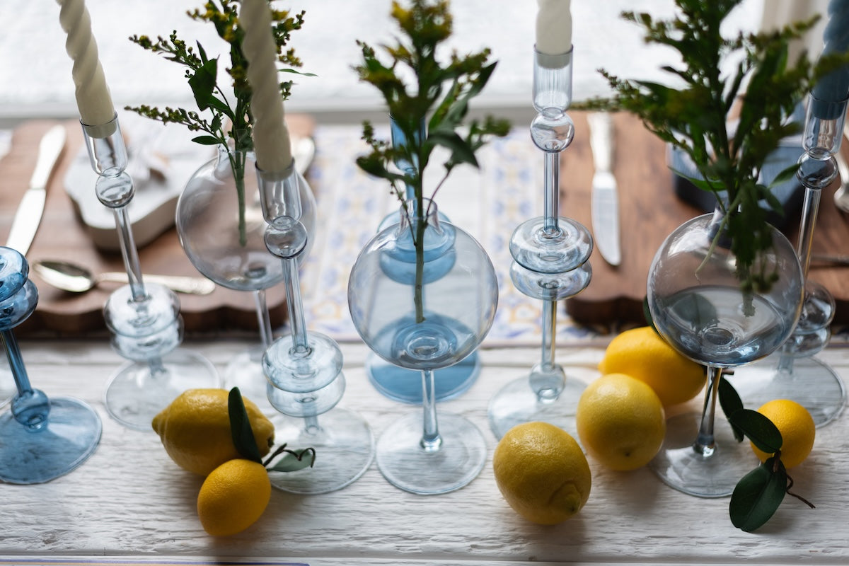 Denim Glass Candlestick, Pair
