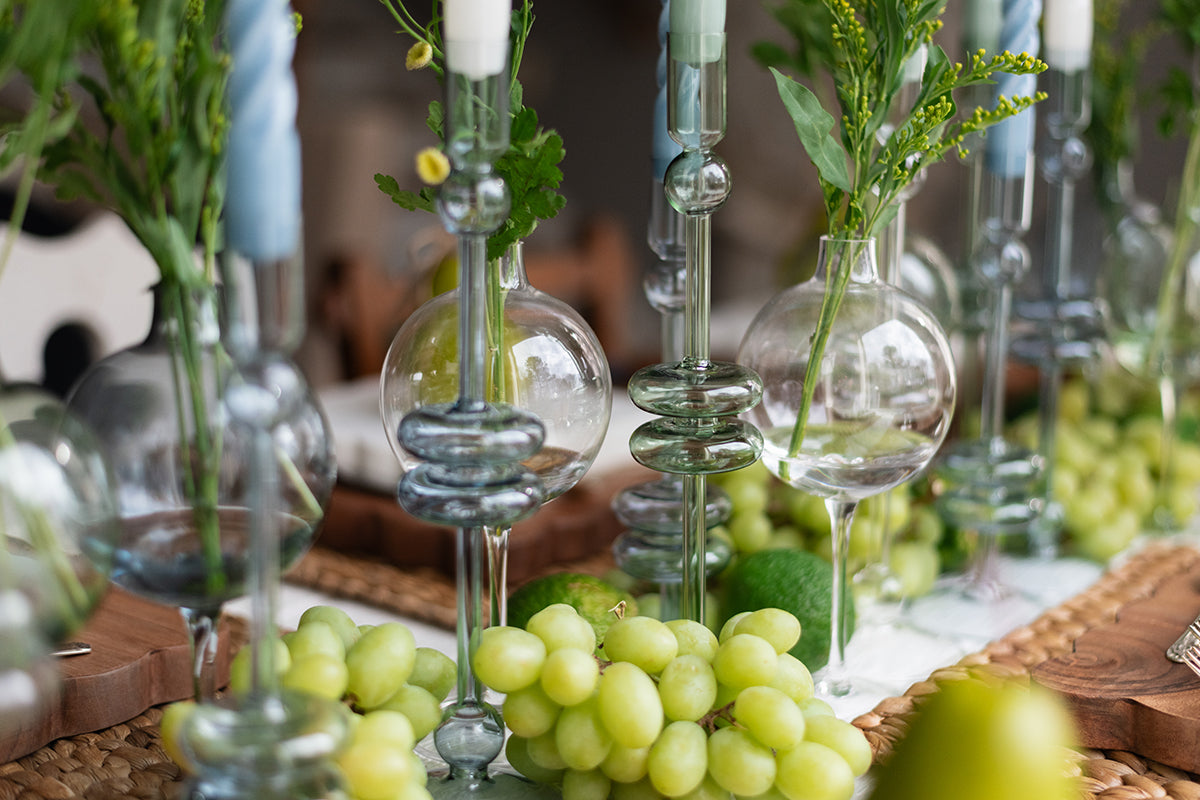 Sage Glass Candlestick, Pair