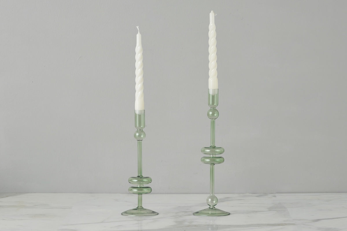 Sage Glass Candlestick, Pair