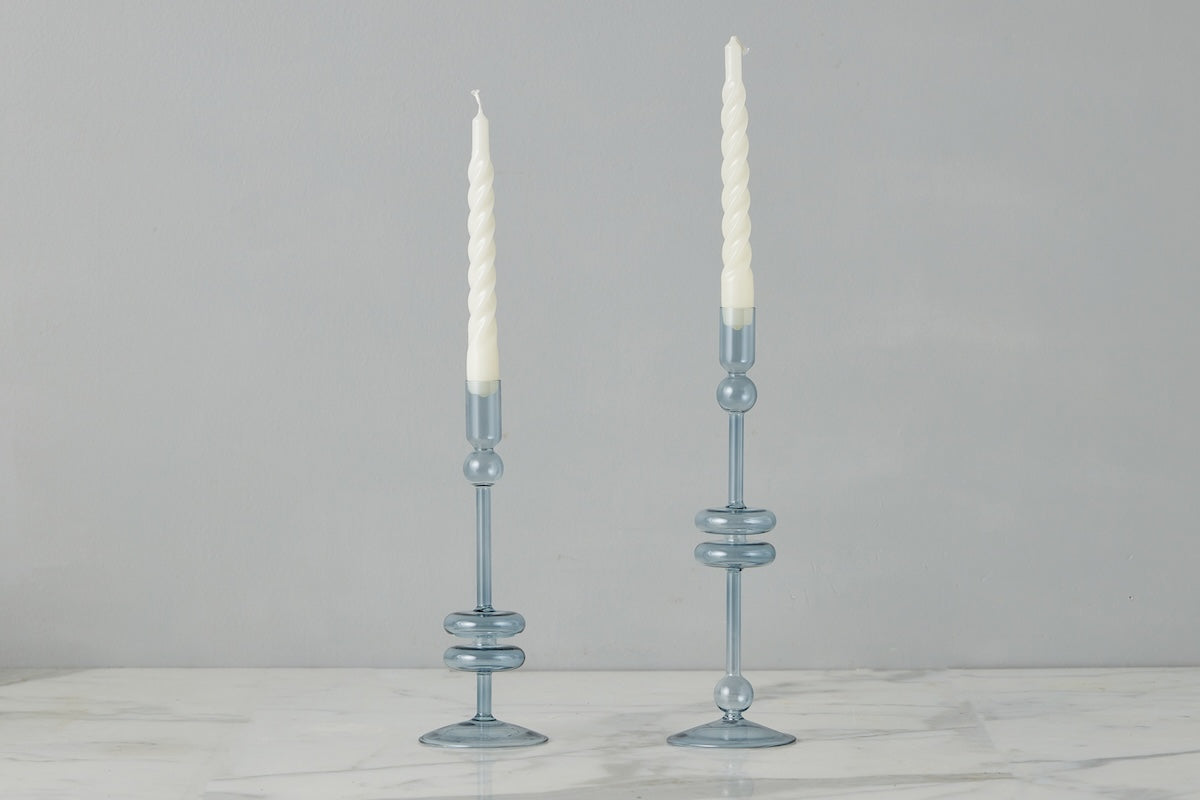 Denim Glass Candlestick, Pair