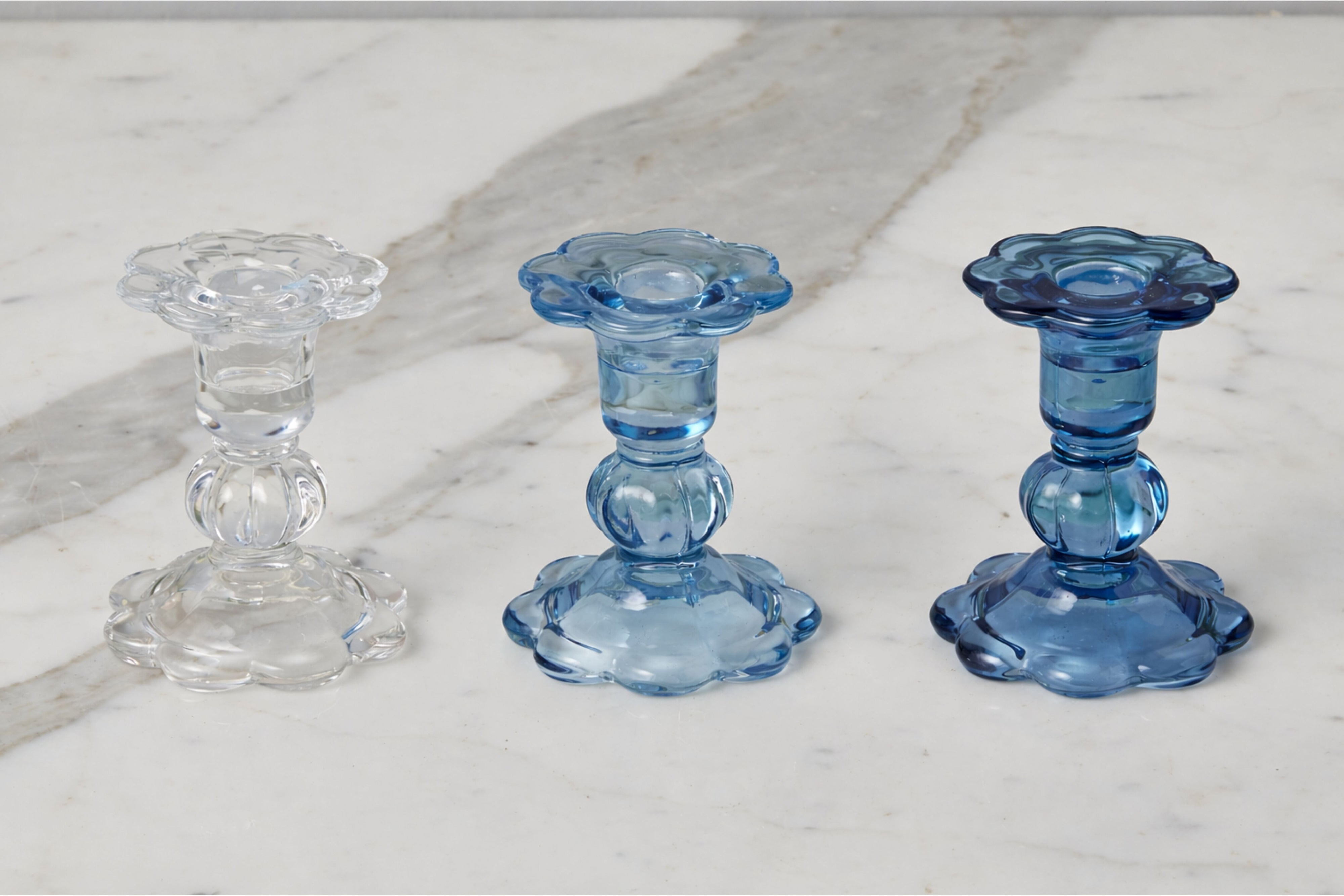 Glass Scalloped Candlesticks, Set of 3