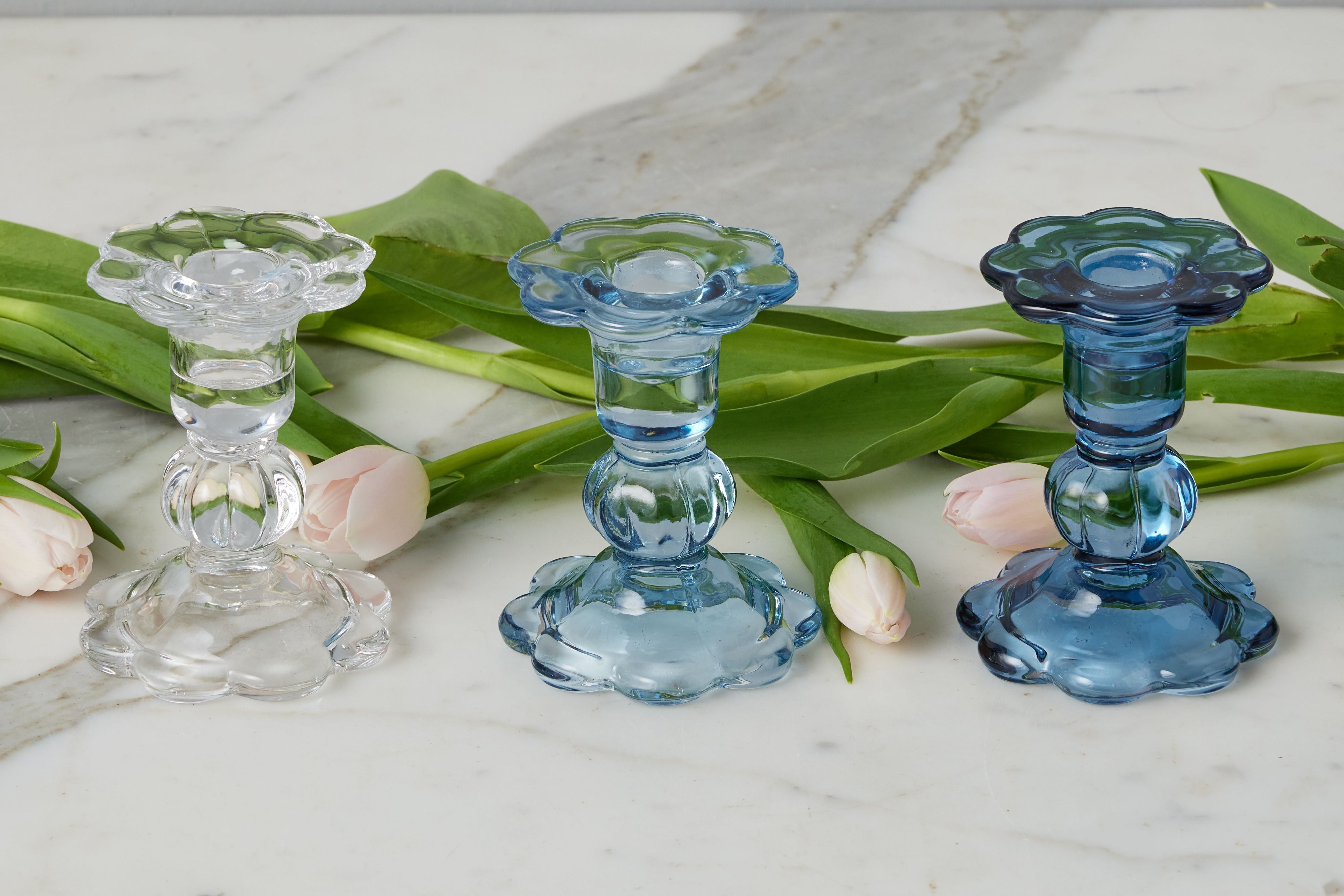 Glass Scalloped Candlesticks, Set of 3
