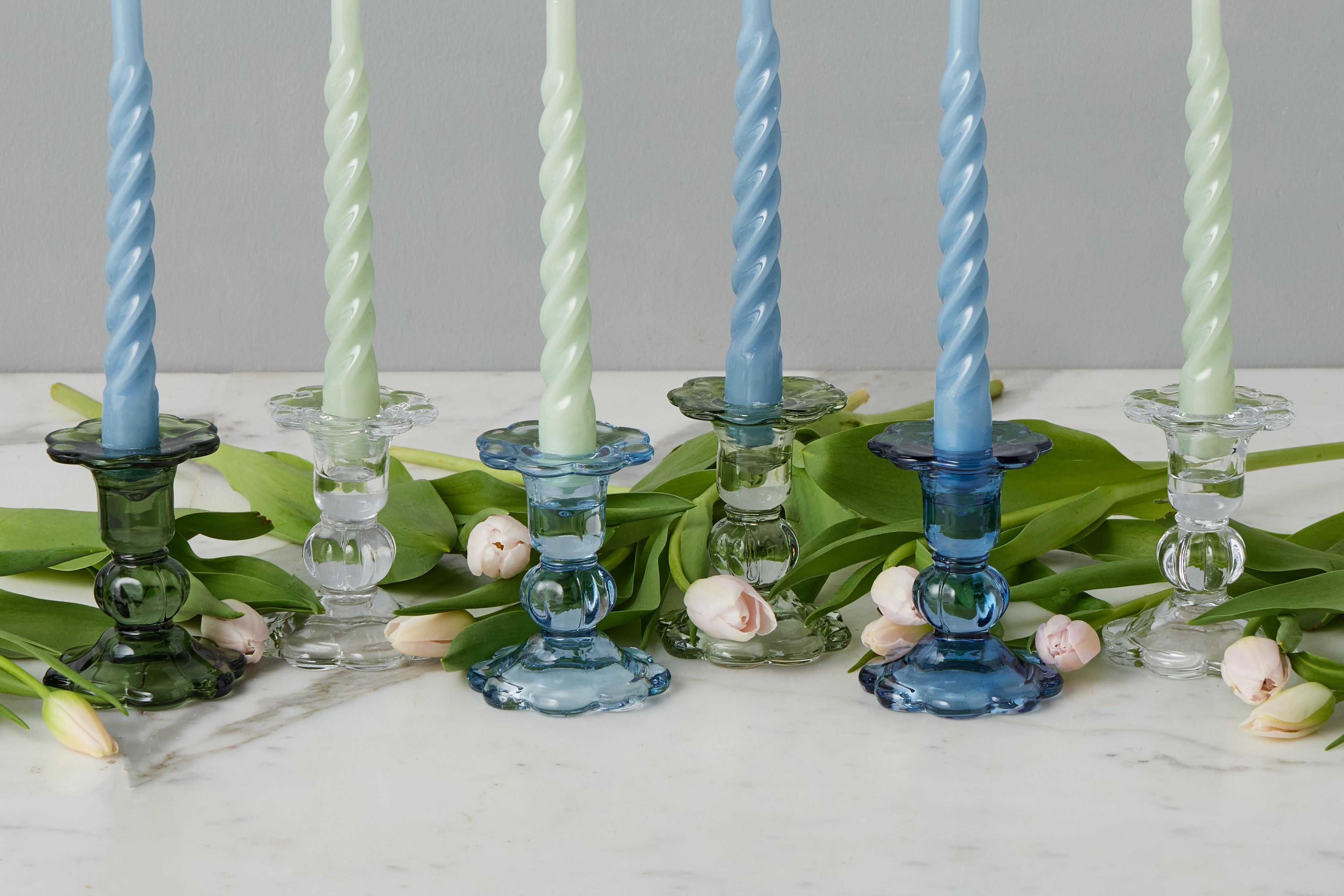 Glass Scalloped Candlesticks, Set of 3