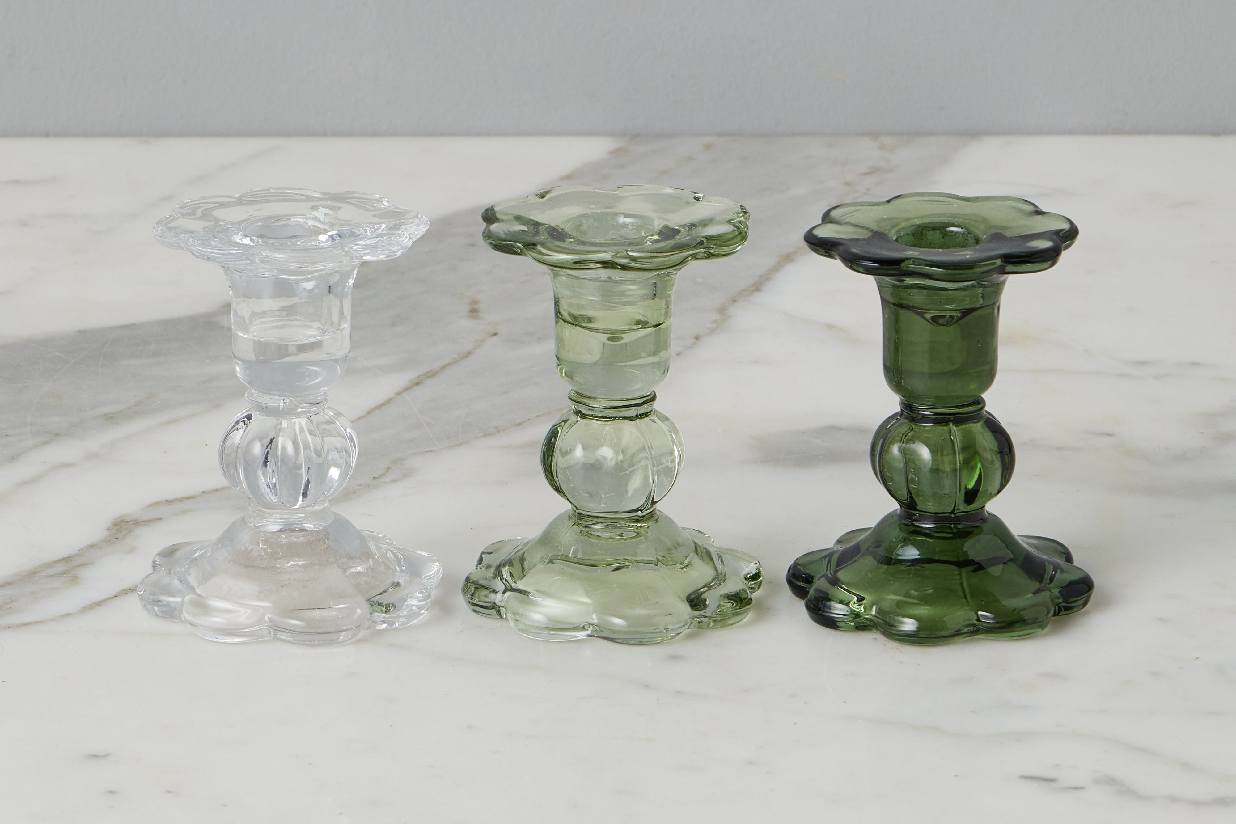 Glass Scalloped Candlesticks, Set of 3