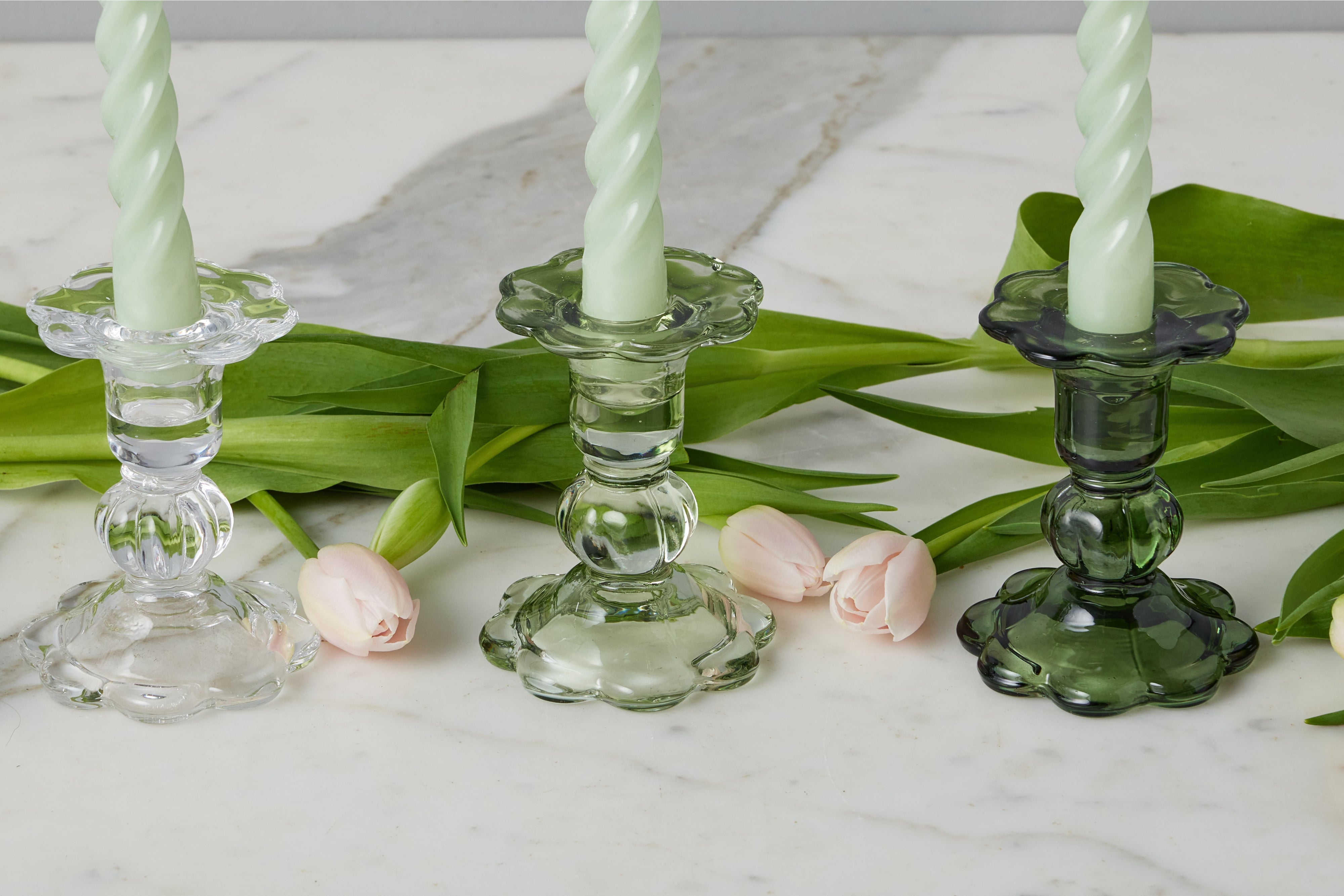 Glass Scalloped Candlesticks, Set of 3