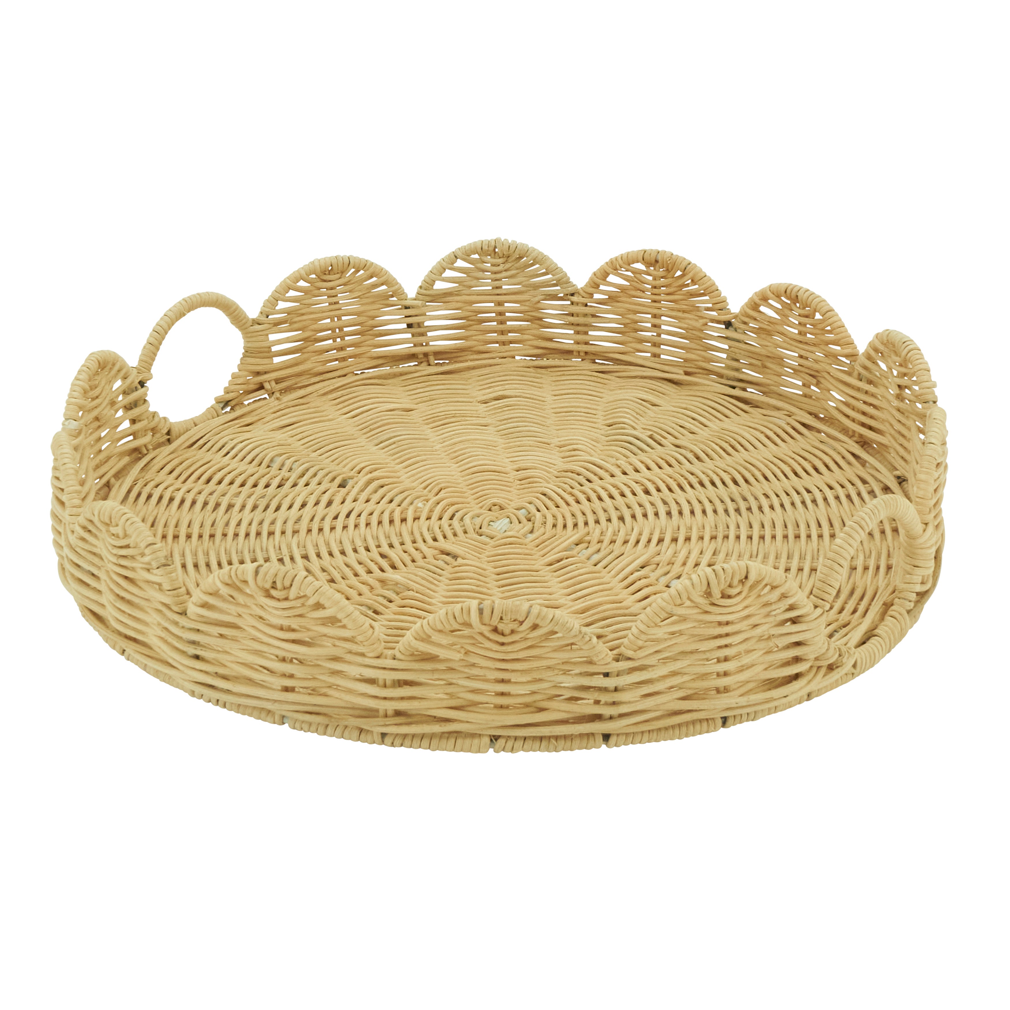 Round Scalloped Rattan Serving Tray with Handles