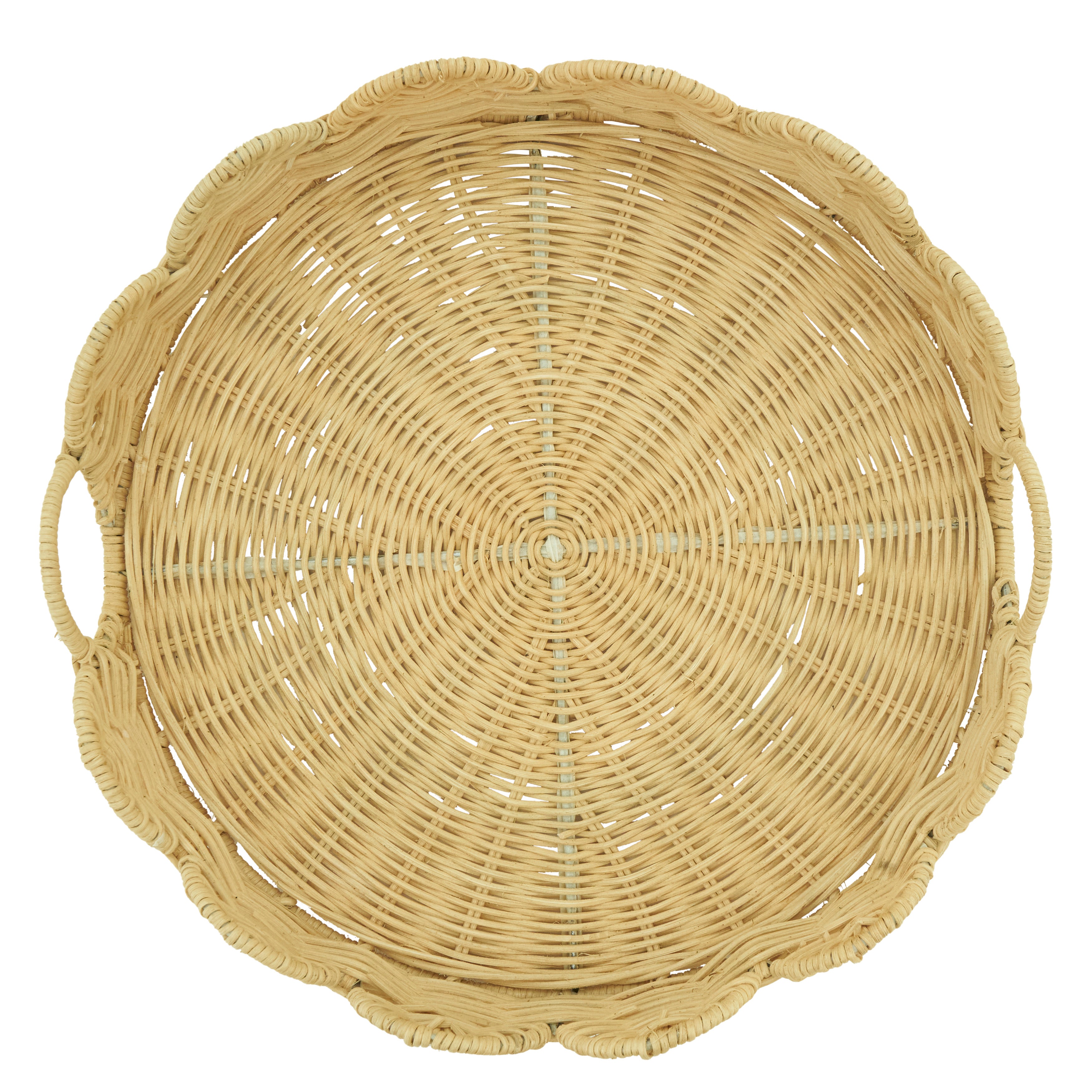 Round Scalloped Rattan Serving Tray with Handles