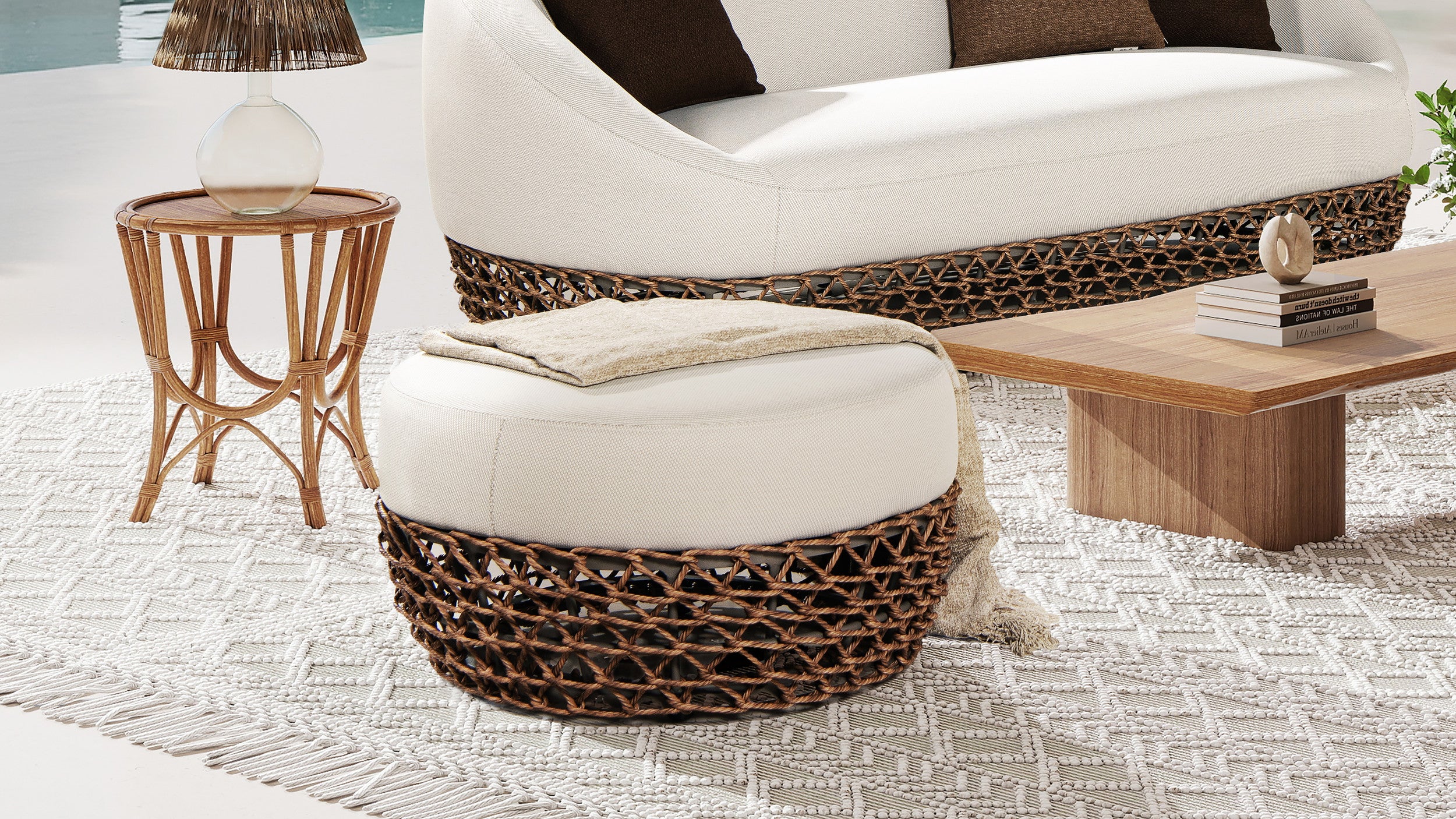 Willow Round Wicker & Upholstered Patio Ottoman