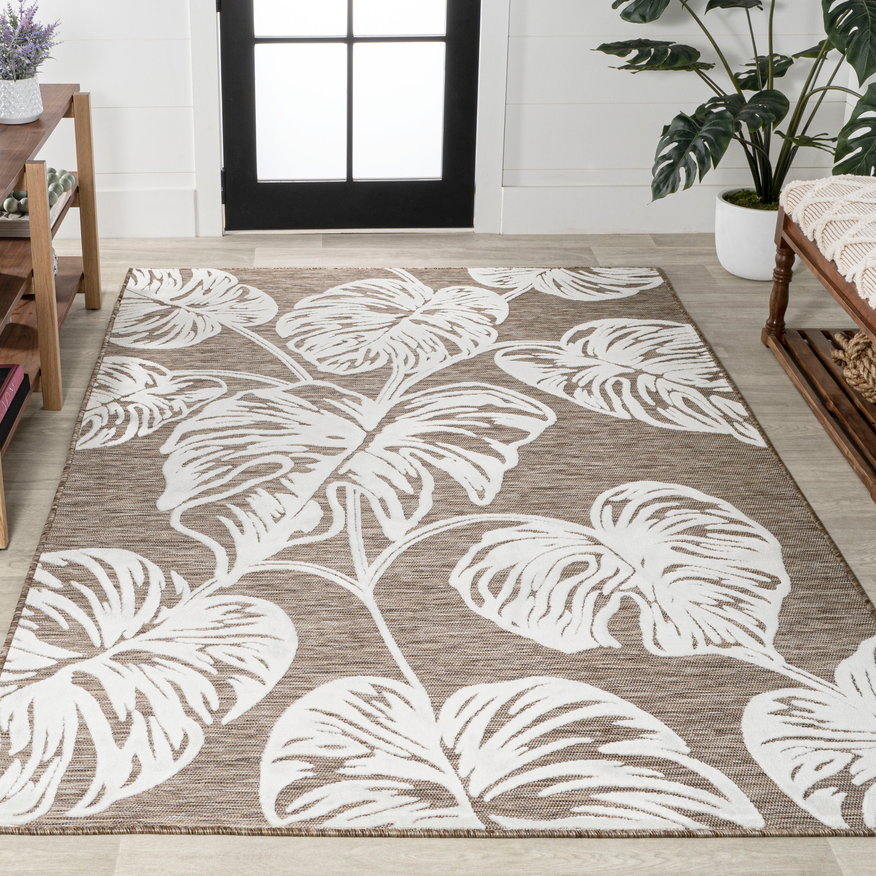 Tobago High-Low Two-Tone Monstera Leaf Indoor/Outdoor Area Rug