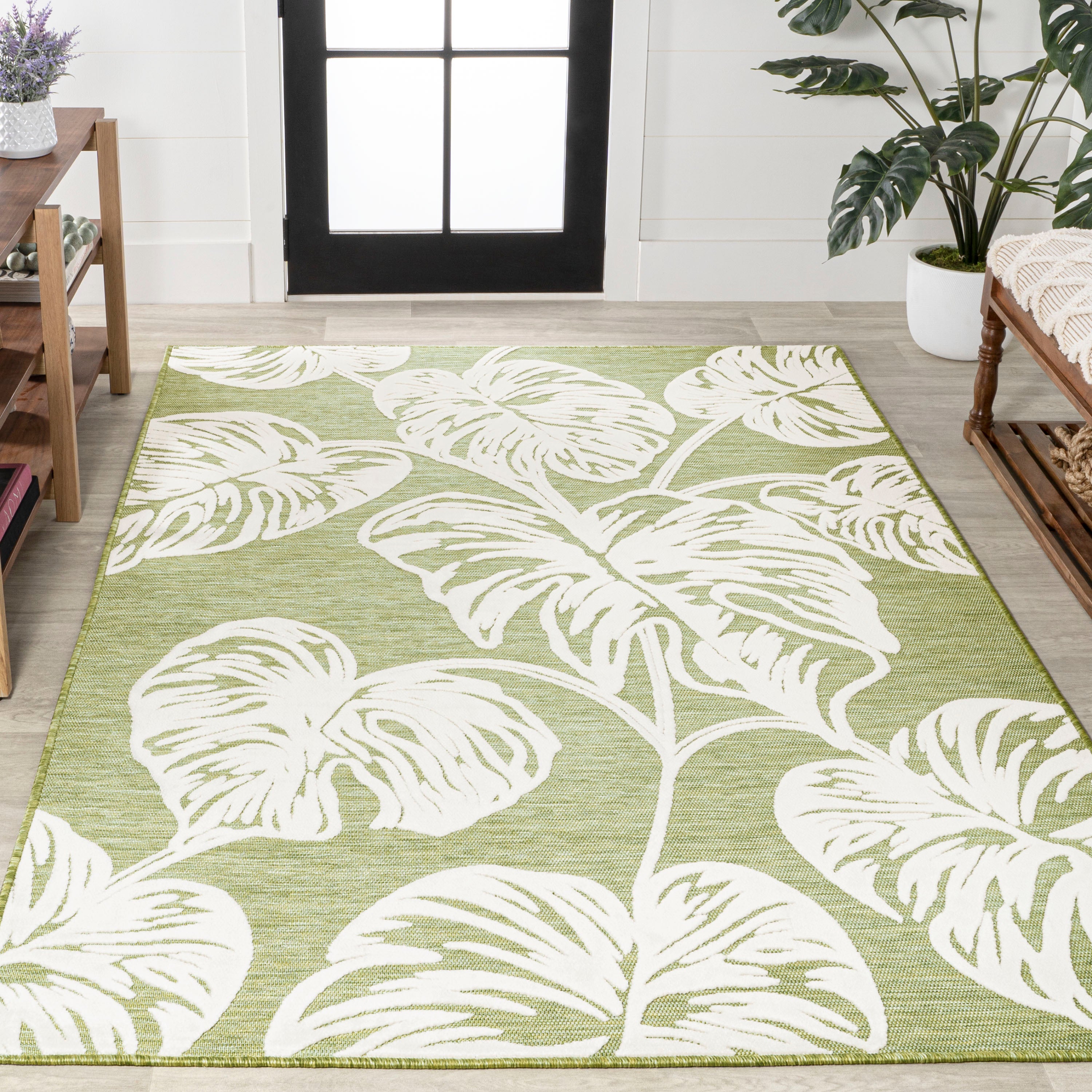 Tobago High-Low Two-Tone Monstera Leaf Indoor/Outdoor Area Rug