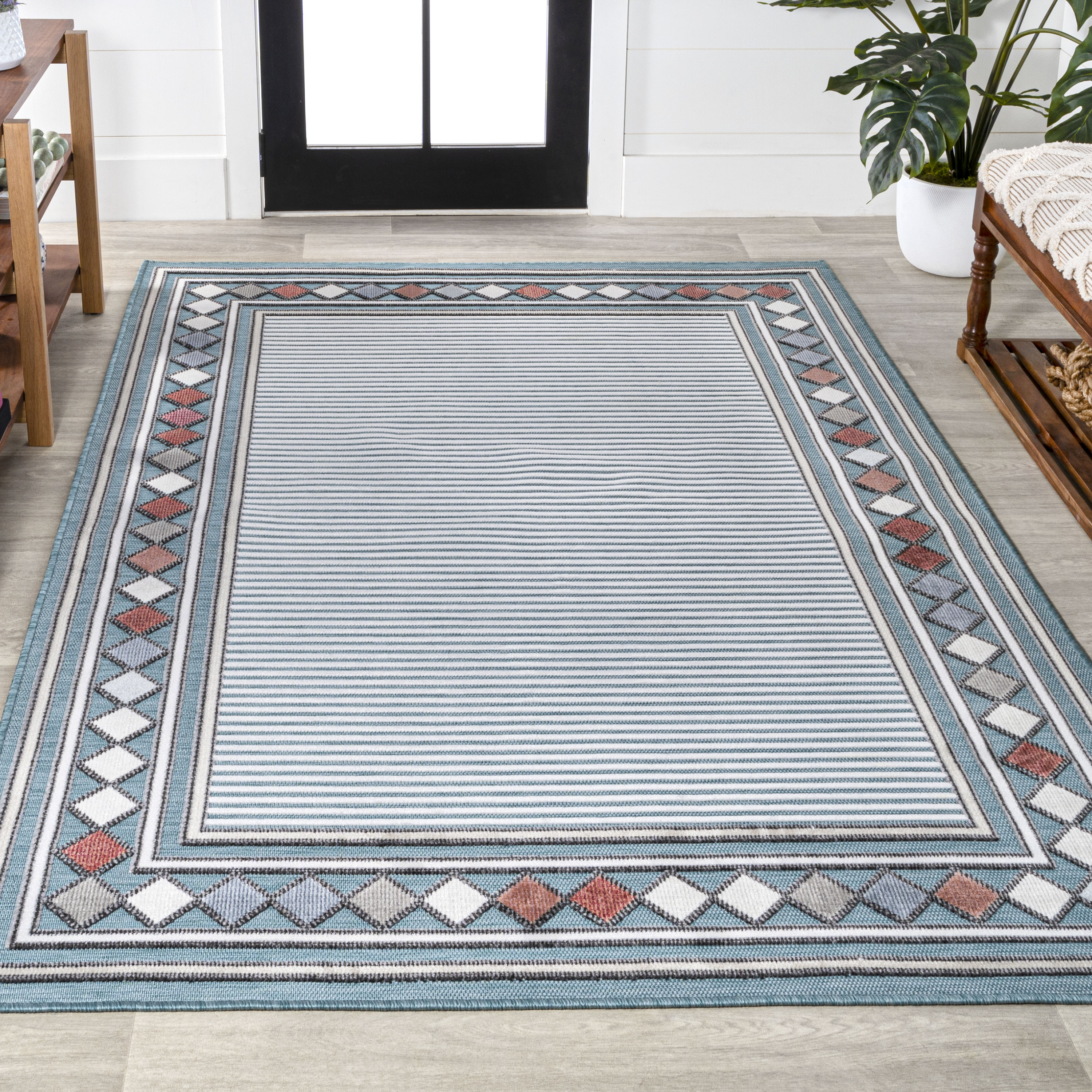 Sebastian High-Low Modern Diamond Border Indoor/Outdoor Area Rug