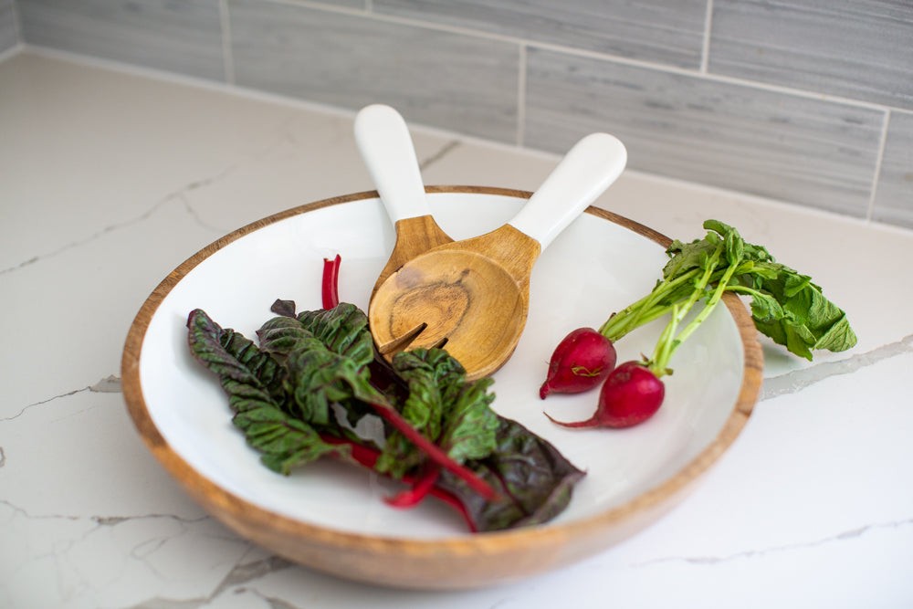 Wood + White Collection Large Salad Bowl & Servers Set