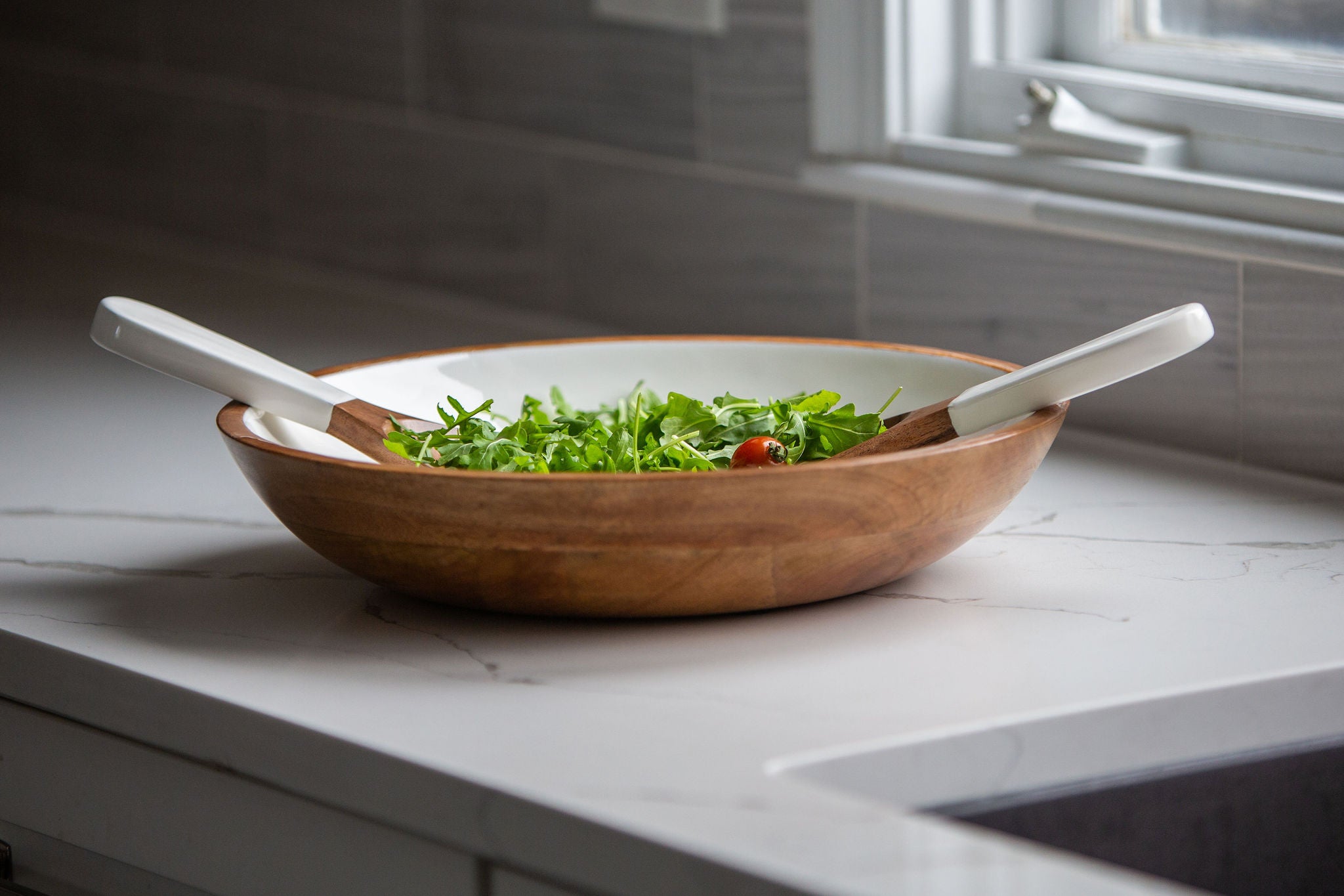 Wood + White Collection Large Salad Bowl & Servers Set