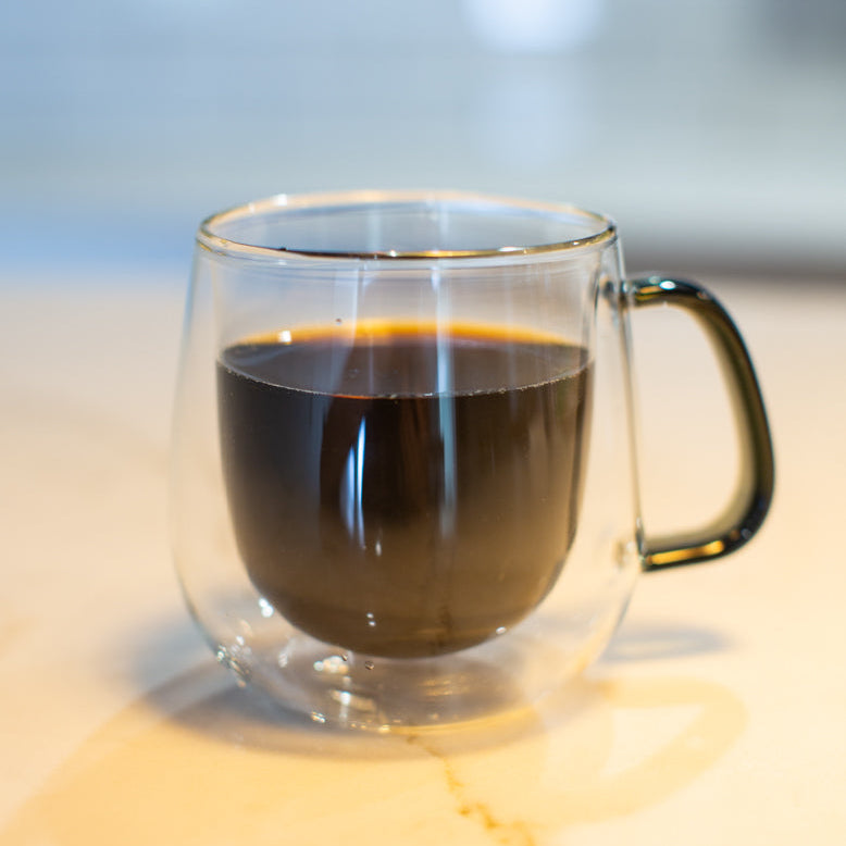 Double-Wall Glass Coffee Mug, Black Handle