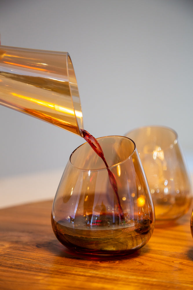 Wine Decanter and Set of Four Stemless Wine Glasses, Gold