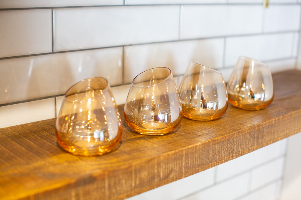 Wine Decanter and Set of Four Stemless Wine Glasses, Gold