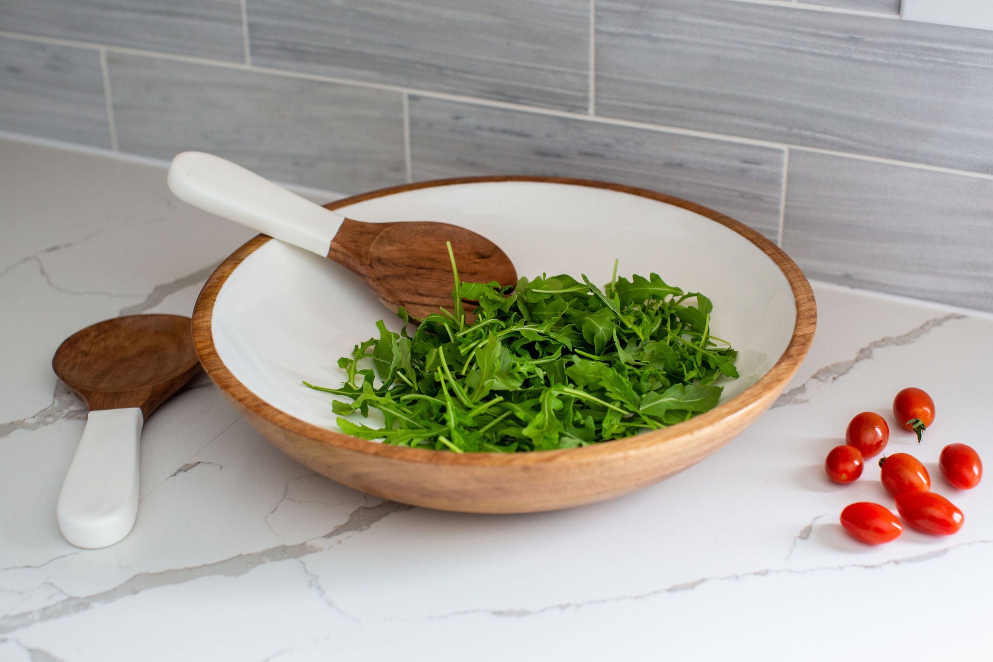 Wood + White Collection Large Salad Bowl & Servers Set